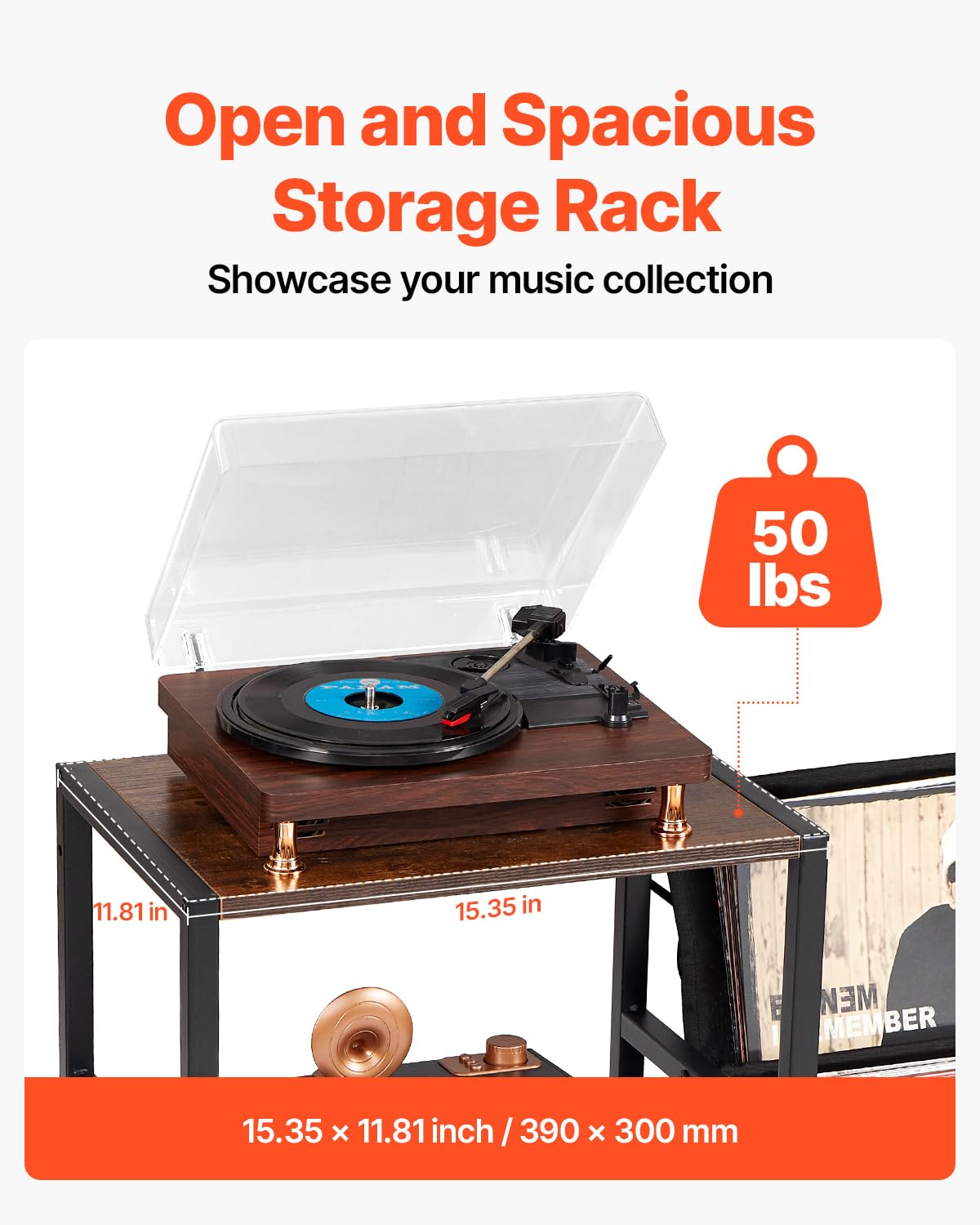 VEVOR Soporte para Tocadiscos 840 x 300 x 740 mm de 3 Niveles con Estación de Carga y Puertos USB, Admite Hasta 200 álbumes, Soporte para Tocadiscos con Almacenamiento de Discos de Vinilo, Negro