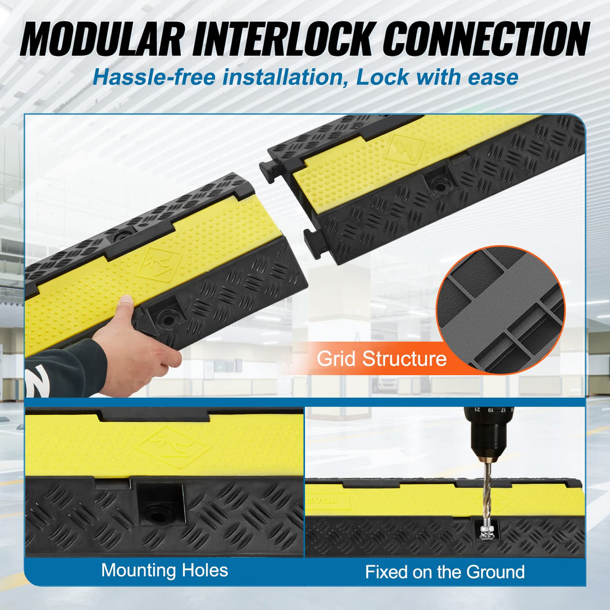 VEVOR Rampa de Protección de Cable 3 Piezas 2 Vías Canaleta Pasacables de Suelo 3 x 3 cm Protector de Cables de Caucho y PVC Capacidad de Carga 5443 kg Cubiertas de Suelo para Cables Negro y Amarillo