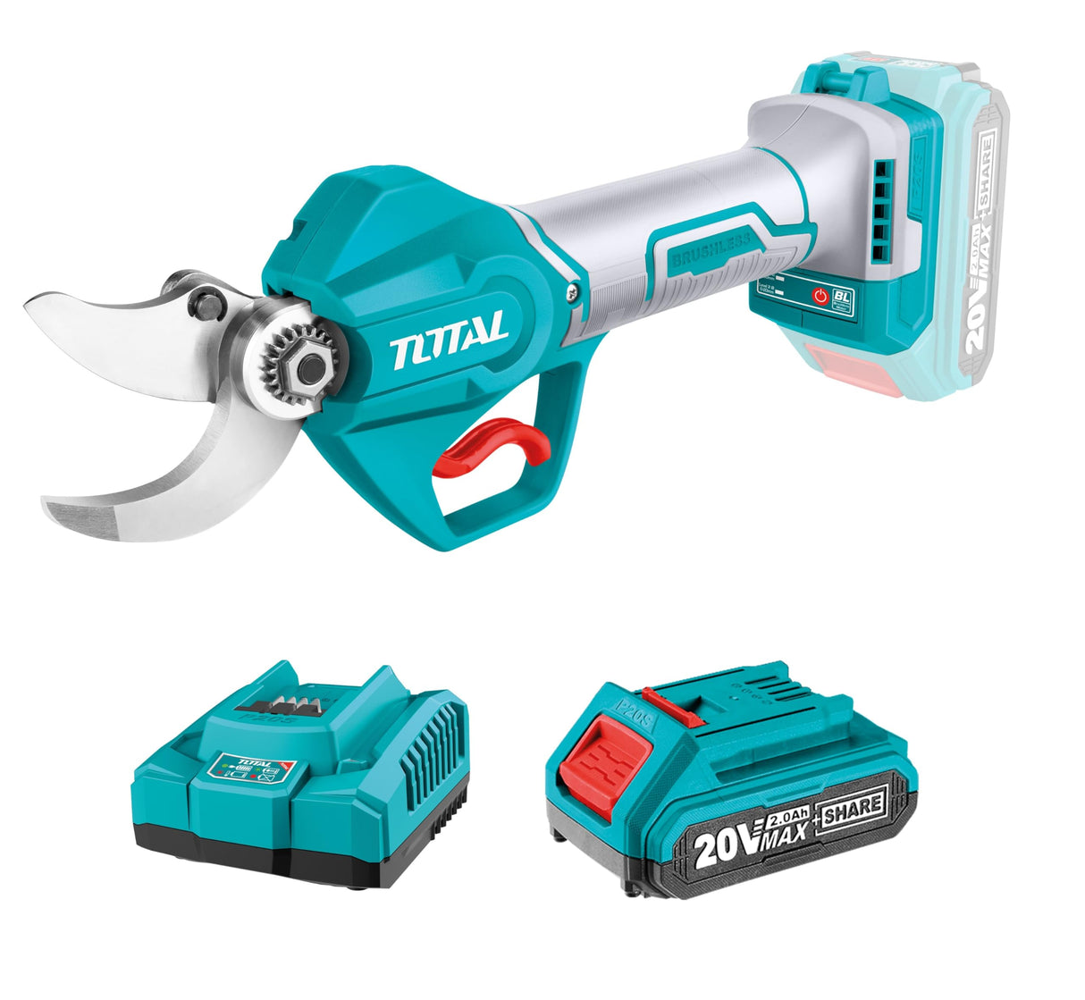 TOTAL - Tijeras de Podar Electricas. Bateria y Cargador Rapido, Motor Brushless. Corte 30mm. Uso Profesional