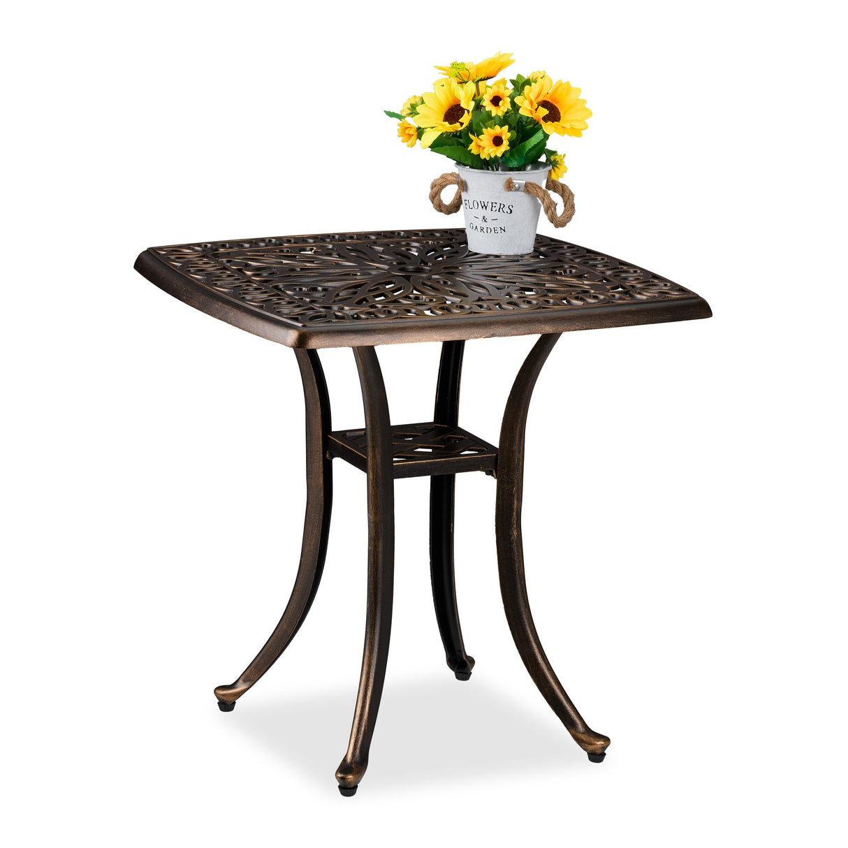 Relaxdays Mesa Jardín Exterior, Mesita Cuadrada Antigua, Resistente, Aluminio Fundido, 53 x 53,5 x 53,5 cm, Negro/Bronce, Plástico