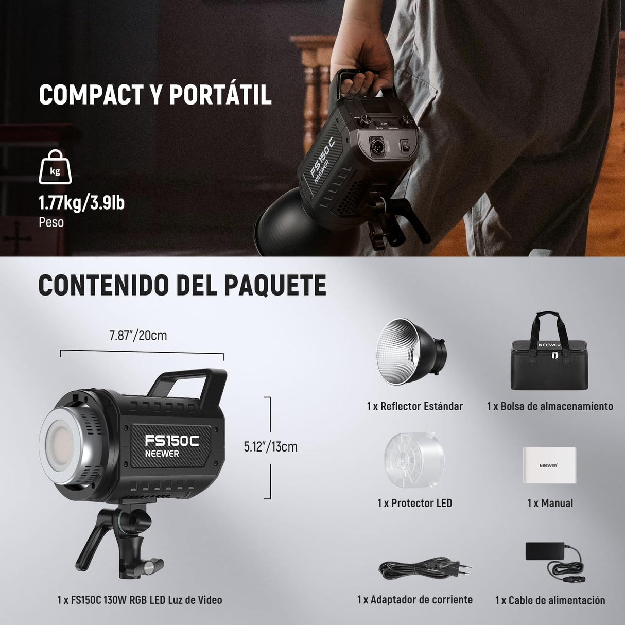 NEEWER 130W RGB LED Video Luz App/2,4G Control 17 Efectos, 2500-7500K 19800lux/1m COB Salida de Iluminación Continua con CRI97/TLCI98 4 Curvas de Atenuación, Foco de Bowens Mount en Estudio, FS150C