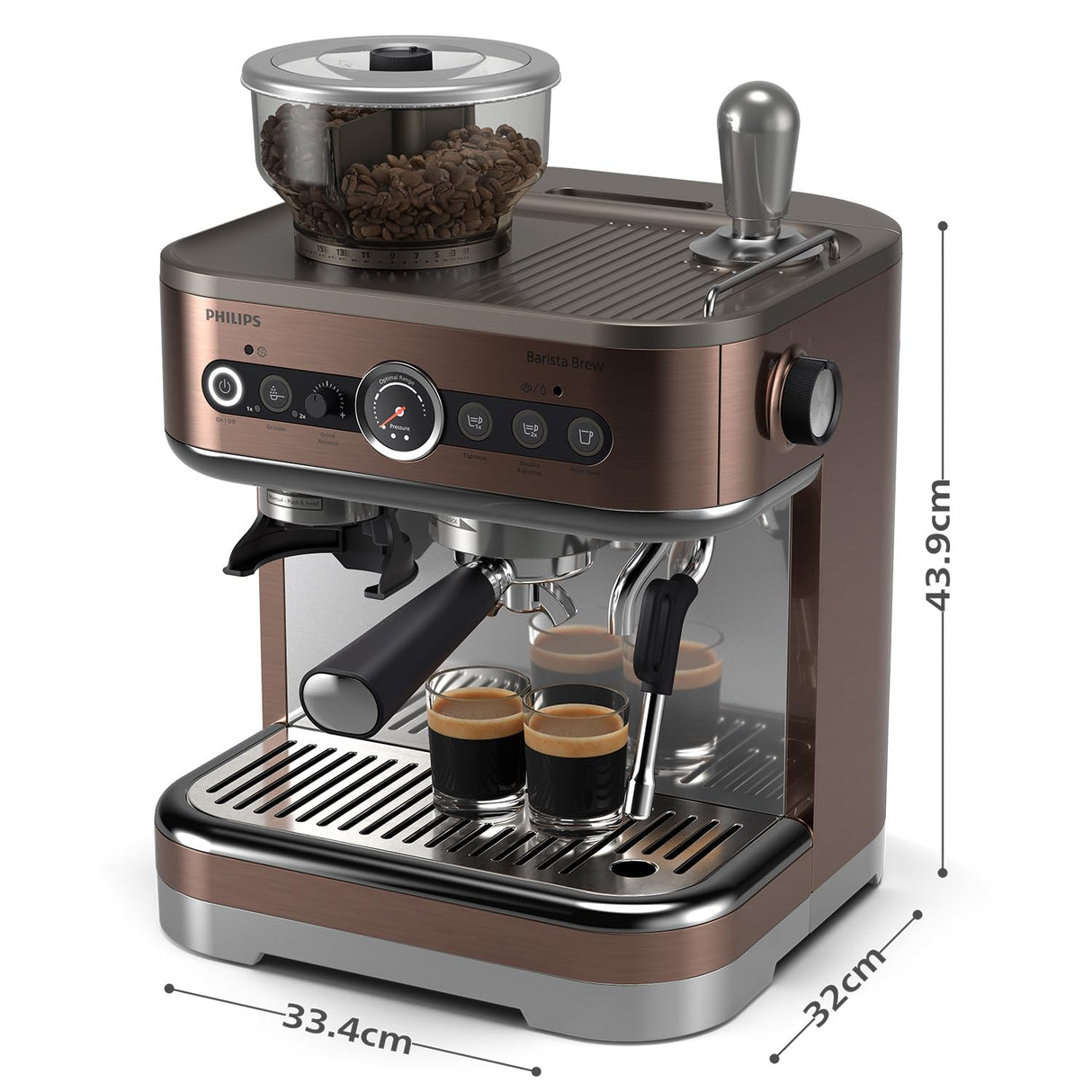 Philips Barista Brew - Cafetera espresso semiautomática. Botón para espresso simple y doble + americano, recipiente doble para granos de 280 g, apisonado calibrado, cappuccino de metal (PSA3228/41)