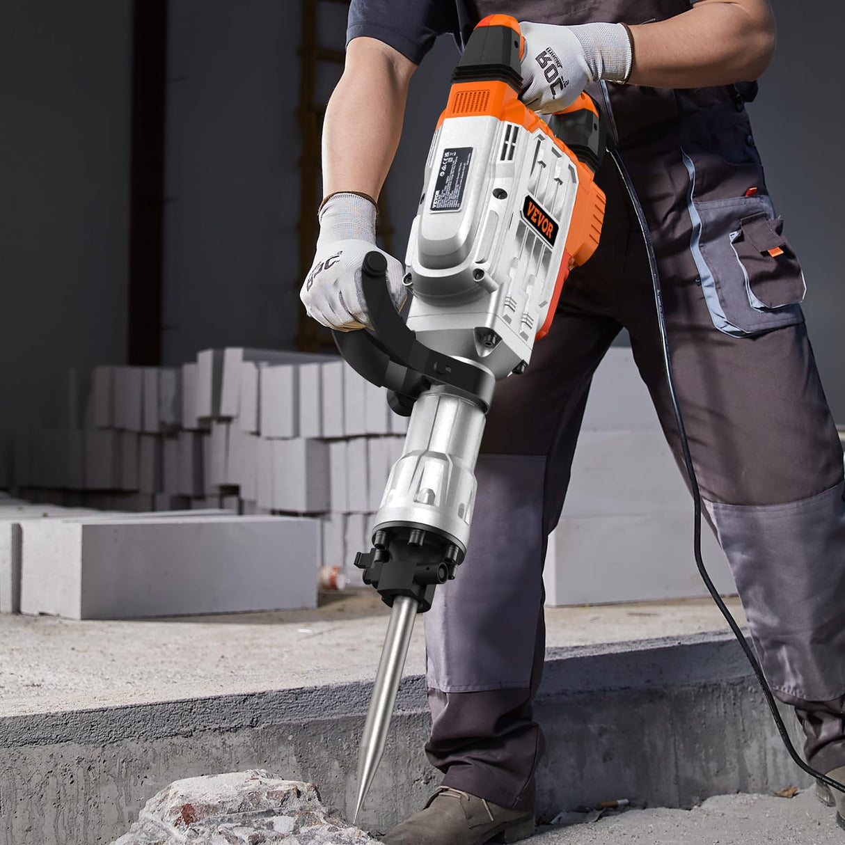VEVOR Martillo de Demolición 3500W 60J 1900BPM Martillo Eléctrico con Cable 1-1/8" con 2 Cinceles Reemplazables Mango Giratorio 360° Rompe Hormigón Antivibración para Cincelar Construcción Fontanería