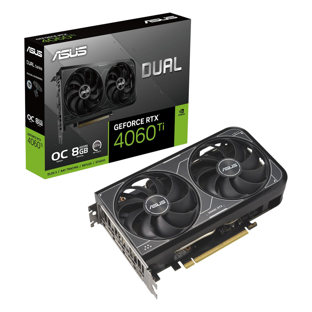 ASUS Dual GeForce RTX 4060 Ti V2 OC Edition 8GB GDDR6 (PCIe 4.0, 8GB GDDR6, DLSS 3, HDMI 2.1a, DisplayPort 1.4a, diseño de 2 ranuras, diseño de ventilador Axial-tech, tecnología 0dB).