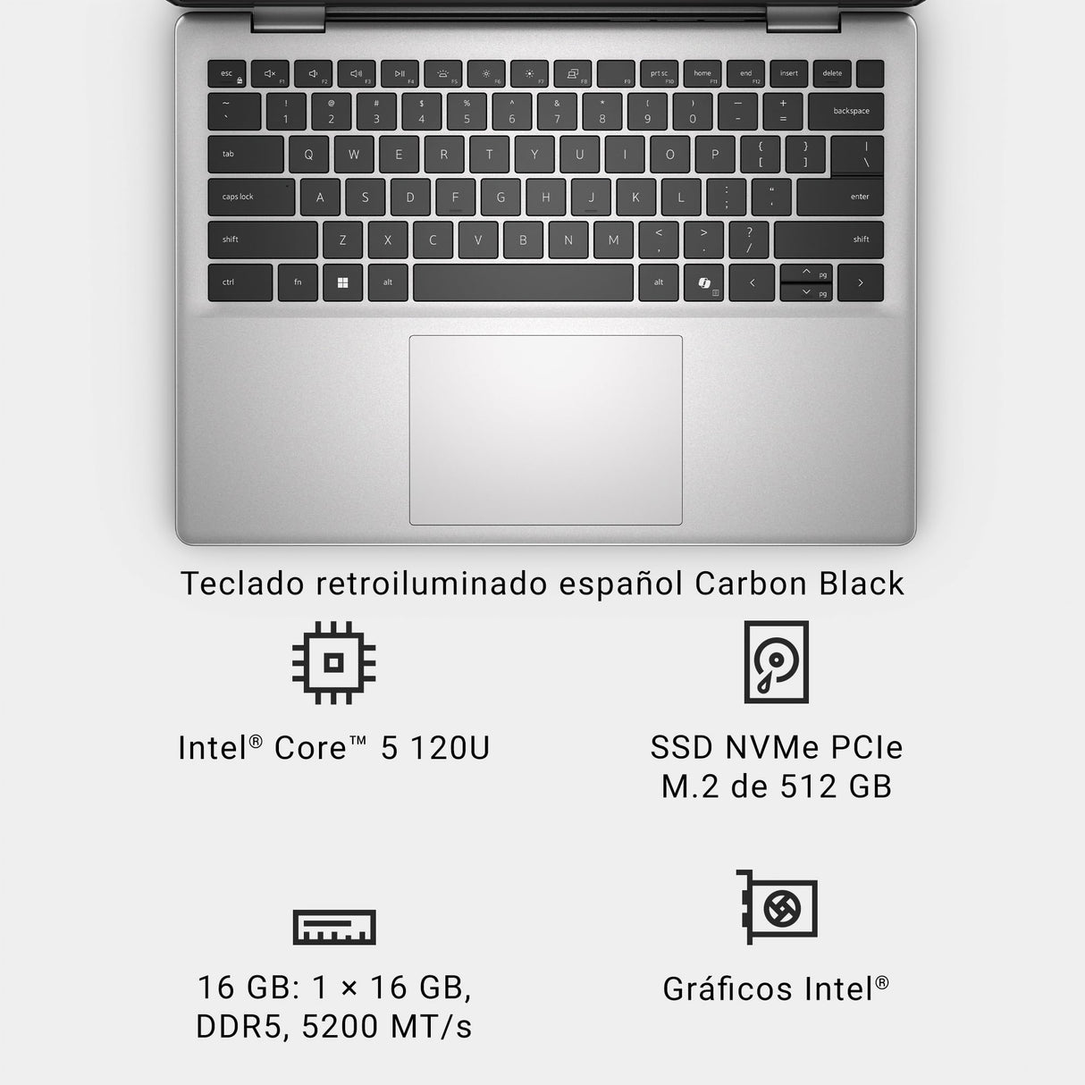 DELL 14 Portátil DC14250 14" 2K (1920x1200) Intel Core 5 120U, 16GB RAM DDR5, 512GB SSD, Gráficos Intel, Windows 11 Home, Teclado retroiluminado QWERTY Español, Lector Huellas - Plata