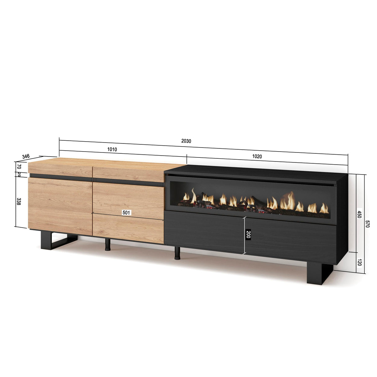 Skraut Home | Mueble TV | Televisión | Muebles de salón, almacenaje | 200x57x35cm | para TV hasta 80" | Chimenea eléctrica | Diseño Industrial | Estilo Moderno | Roble y Negro