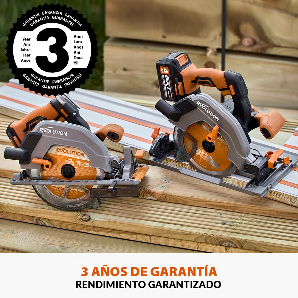 Evolution Power Tools R185CCSX-Li Sierra circular sin cable compatible con carril 18v Li-Ion, sin escobillas, Incluye hoja TCT Multi-Material, Corta Madera, Metal, Plástico, Batería no incluida, 185mm