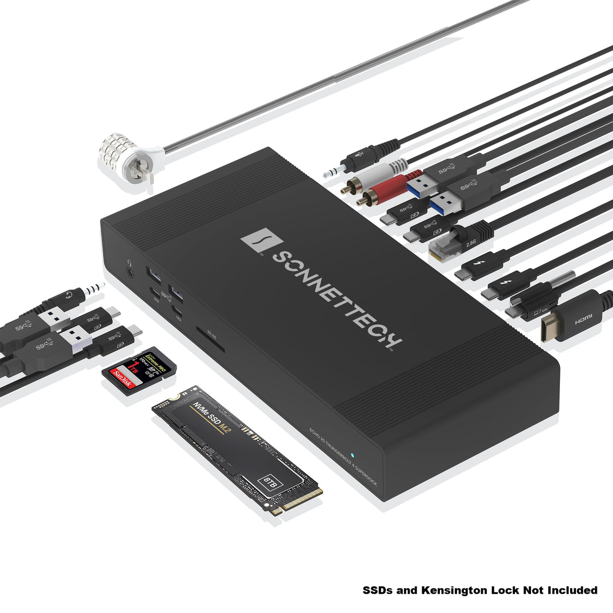 Sonnet Echo 20 Thunderbolt 4 SuperDock – Estación de Acoplamiento con 3 Thunderbolt 4, HDMI 2.1, 8 USB 10Gbps, Ethernet 2.5Gb, SSD NVMe, SD UHS-II, Carga 100W – Compatible con Mac, PC, iPad