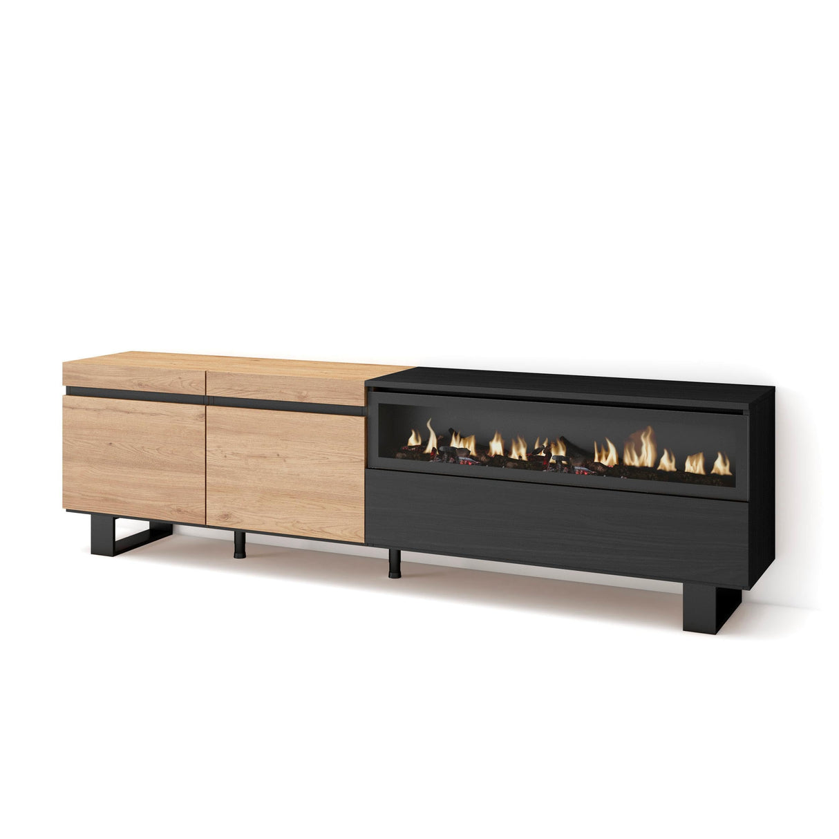 Skraut Home | Mueble TV | Televisión | Muebles de salón, almacenaje | 200x57x35cm | para TV hasta 80" | Chimenea eléctrica | Diseño Industrial | Estilo Moderno | Roble y Negro