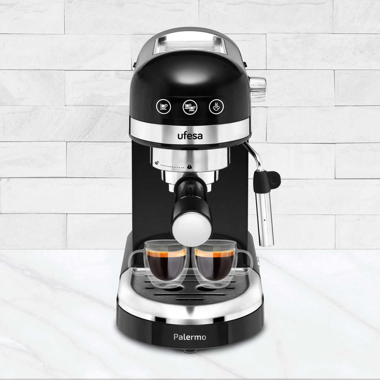 Ufesa Palermo Cafetera Espresso y Capuccino, 20 Bares, 1350W, Panel Táctil, Vaporizador Orientable, Sistema Thermoblack, Depósito 1.4 l, Apagado automático