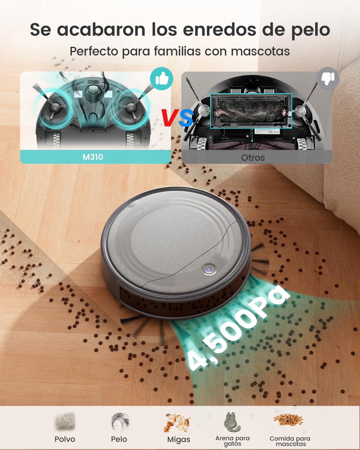 LEFANT M310 Robot Aspirador, 4500Pa Succión, 180 min Autonomía, 6 Modos de Limpieza, Evitación de Obstáculos 4cm, App/Alexa, Ideal para Pelo de Mascotas, Alfombras y Suelos Duros, Gris
