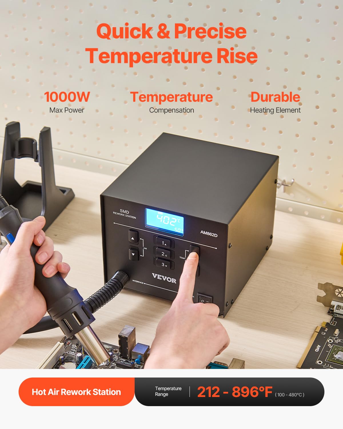 VEVOR Estación de Retrabajo de Aire Caliente SMD Digital 1000 W, 99 Niveles, 3 Canales Preestablecidos y 3 Boquillas de Aire Caliente para Reparar Dispositivos Electrónicos, 187 x 171 x 149 mm