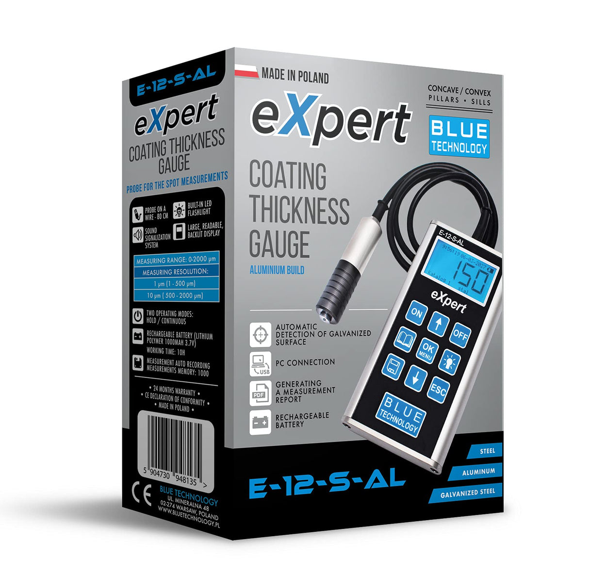 Blue Technology Medidor de espesor de capa para coche E-12-S-AL eXpert | Medidor de pintura para carrocerías de acero y aluminio | Medidor de espesor de pintura detecta zinc en la carrocería |