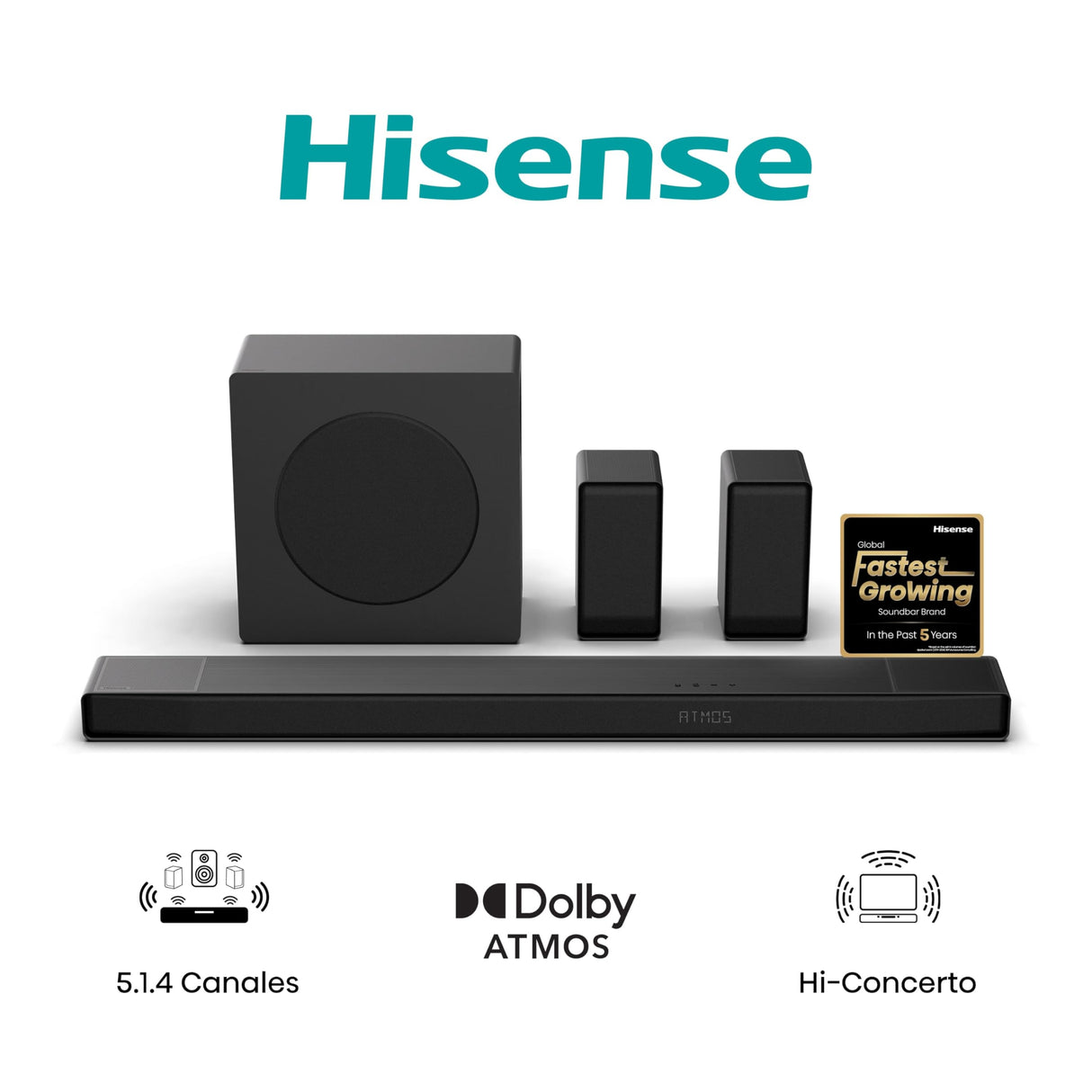 Hisense AX5140Q - Barra de Sonido 5.1.4, 600W, 13 Altavoces, Subwoofer y Altavoces Traseros Inalámbricos, Dolby Atmos, DTS:X, Ecualizador IA, Calibración Automática, Hi-Concerto, EzPlay 3.0