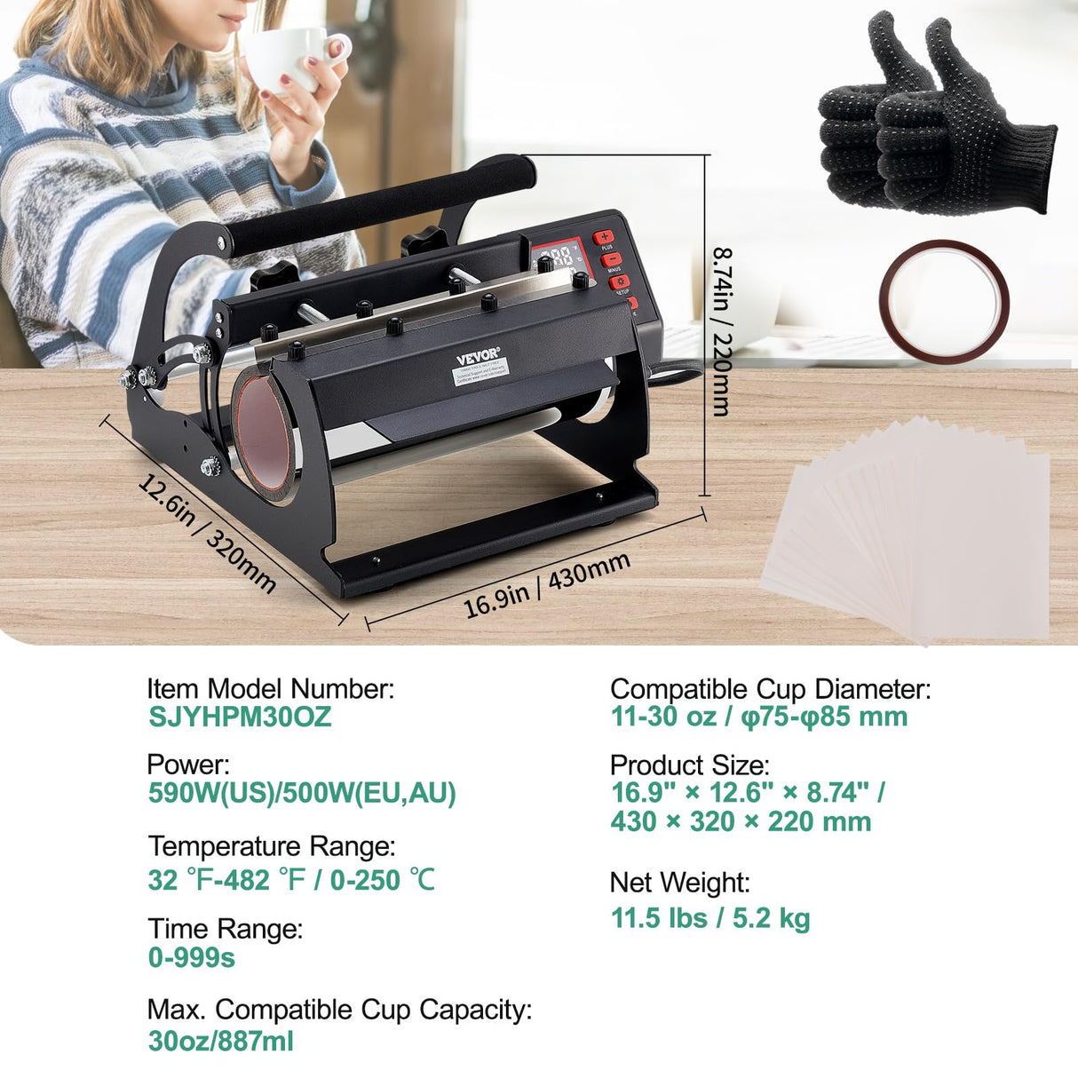 VEVOR Prensa Térmica para Vasos de 325-887 ML Prensa Térmica para Vasos con Papel de Sublimación, Cinta y Guantes, Ajuste de Temperatura y Tiempo para Vasos, Tazas y Jarras de Sublimación, Negro