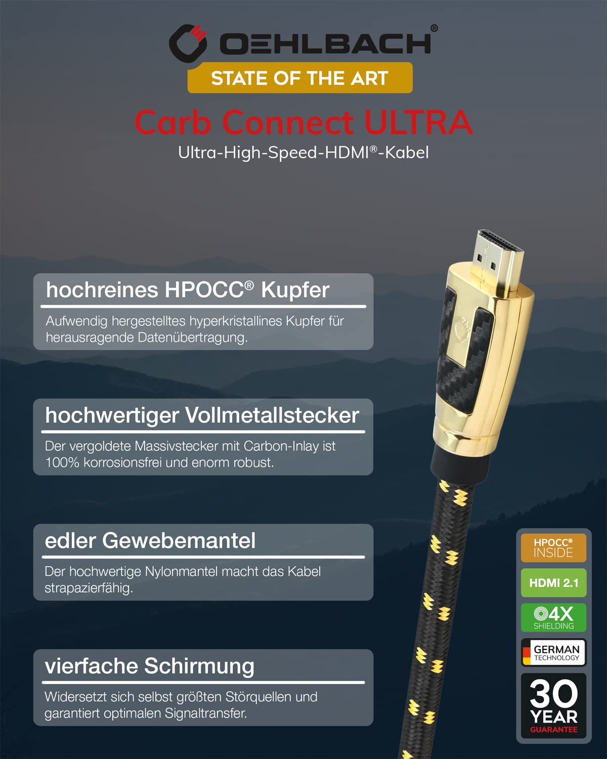 OEHLBACH Carb Connect - Cable HDMI 2.1 Ultra High End 8K 60Hz 4K 120Hz Cobre hipercristalino (HPOCC), 4 conductores internos blindados separados conectores de oro de 24 quilates, funda de tela y