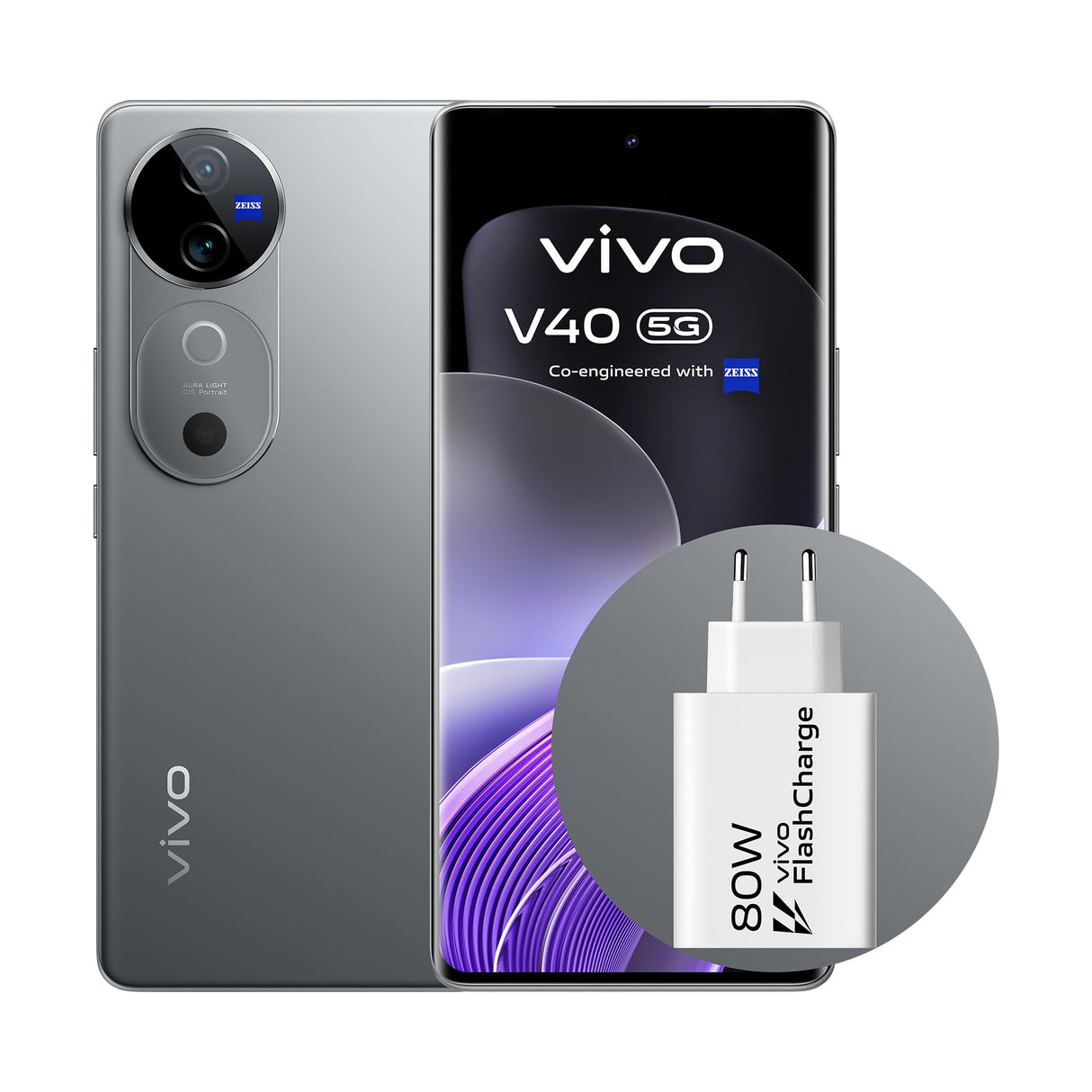 VIVO V40 5G Smartphone, 12GB RAM + 512GB ROM, Pantalla 6.78” AMOLED Curva 120 Hz, Cámara 50 MP con ópticas ZEISS, Batería BlueVolt XL de 5500mAh, Carga rápida Flashcharge 80 W, Plata