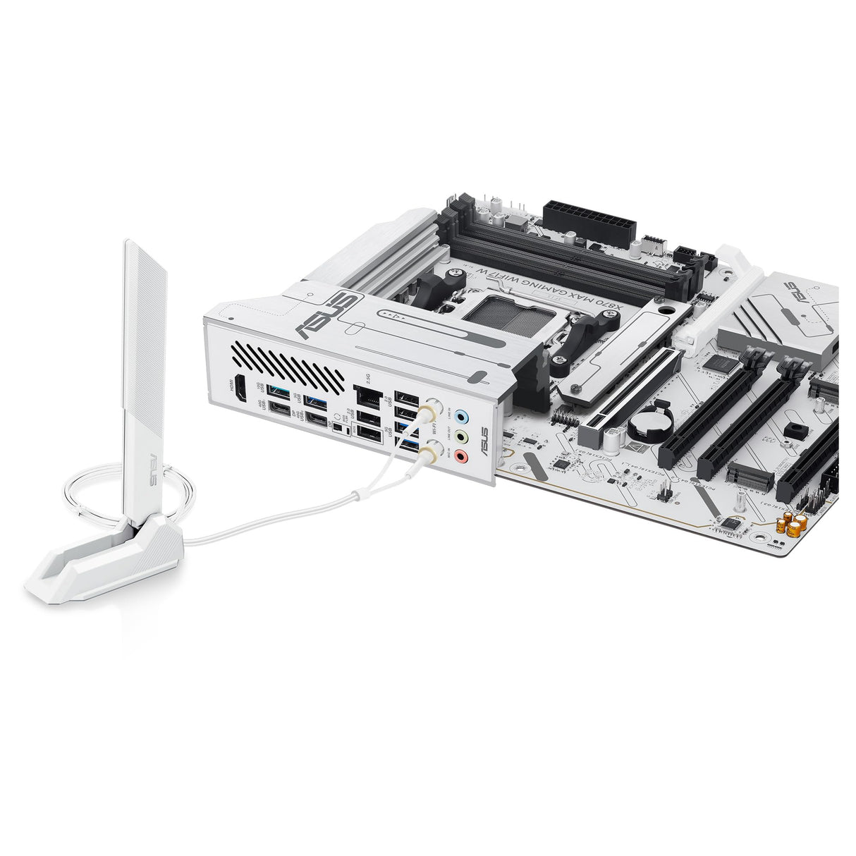 ASUS X870 MAX Gaming WIFI7 - Placa Base AMD X870 ATX, Blanco, 12+2+1 DrMOS, DDR5, PCIe 5.0, Q-Release, M.2, WiFi 7, WiFi Q Antenna, 2.5Gb Ethernet, HDMI, USB4, USB Tipo-C, BIOS Flashback, Aura Sync