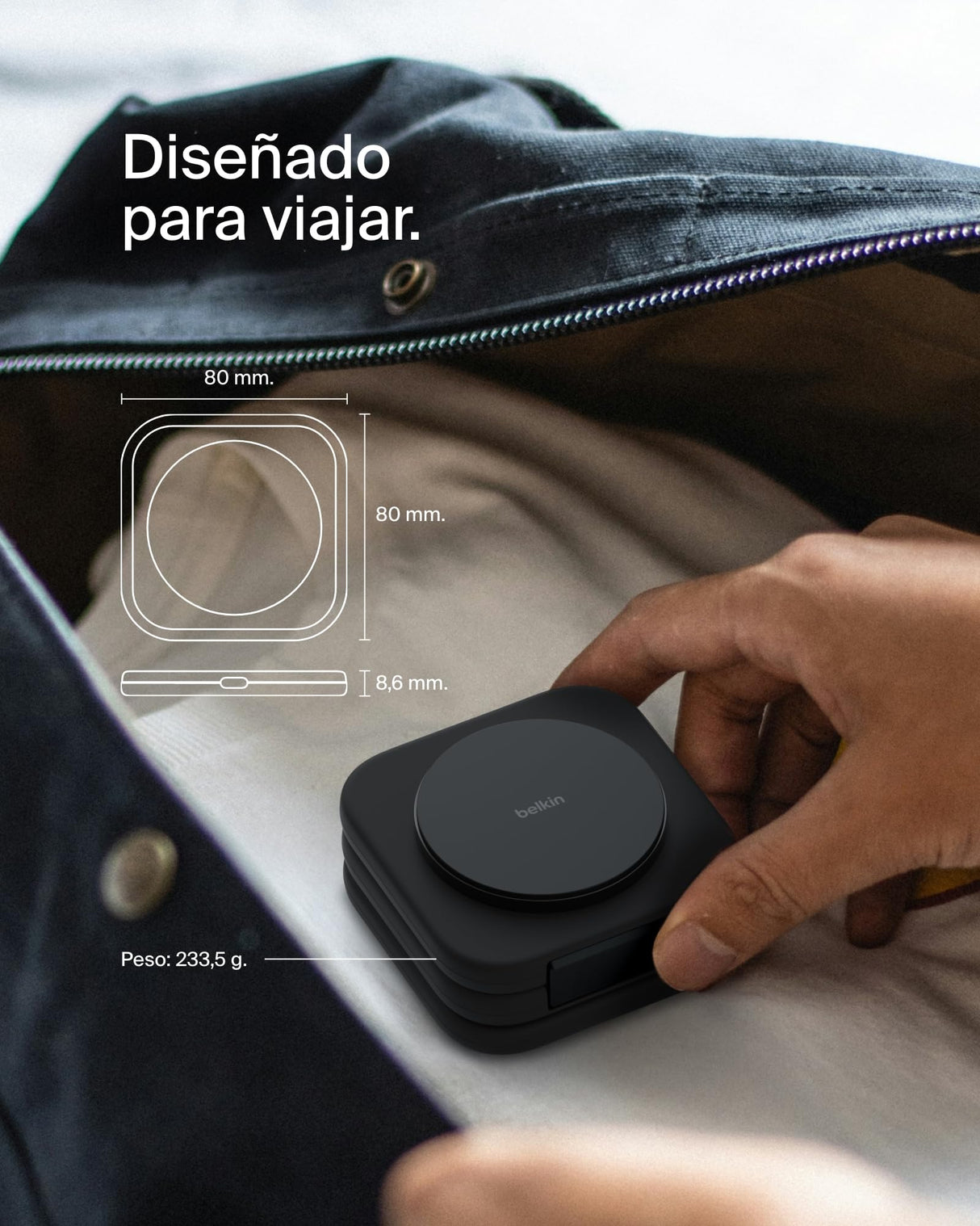 Belkin BoostCharge Pro Cargador inalámbrico Plegable 3 en 1 Qi2, Base de Carga magnética de Viaje 15 W, Soporte de Carga portátil con MagSafe para iPhone 16, 15, 14, Apple Watch 10 y AirPods