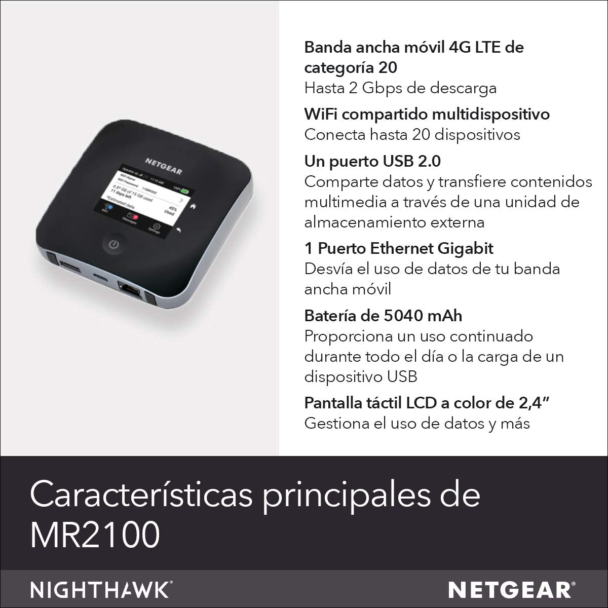 NETGEAR Router 4G con Ranura Sim Desbloqueada MR2100 | Velocidades de Descarga de hasta 2 Gbps | WiFi para Conectar hasta 20 Dispositivos MiFi Móviles