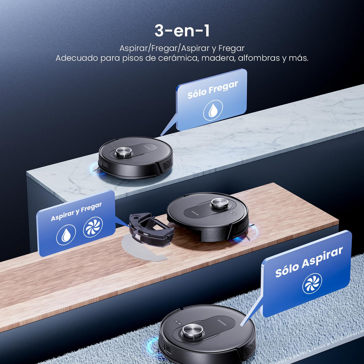 Proscenic Q8 MAX Robot Aspirador y Fregasuelos Potente 8000Pa/200 Min, Robot Aspirador con Sistema de Navegación Láser Inteligente, App y Alexa/Google/Siri, para Moqueta y Pelo de Mascotas/Suelos