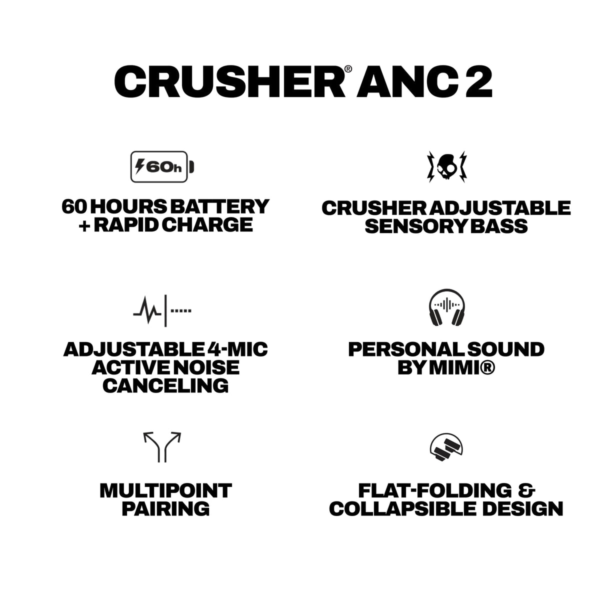 Skullcandy Crusher ANC 2 Cascos Over-Ear Inalámbricos con Cancelación de Ruido y Sensory Bass, Charging Cable, 50 h de Autonomía, Skull-iQ,Alexa Habilitada, Compatibles Dispositivos Bluetooth, Bone