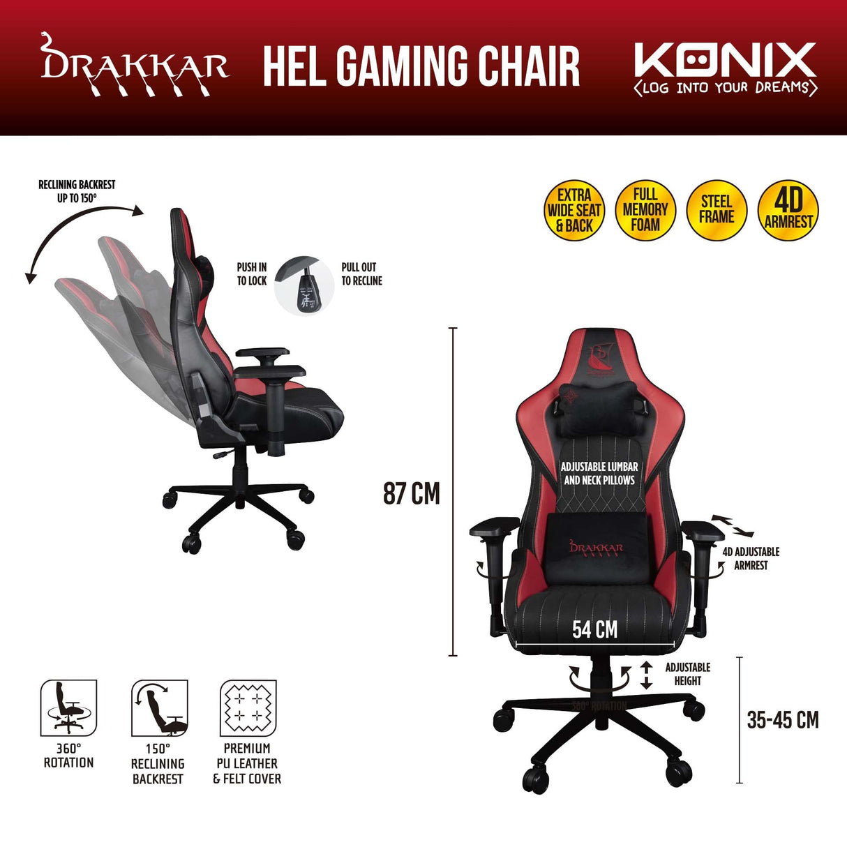 Konix Drakkar Silla de Oficina para Gaming Hel - Inclinación del Asiento 150° - Cuero de Poliuretano Liso - Negro y Rojo