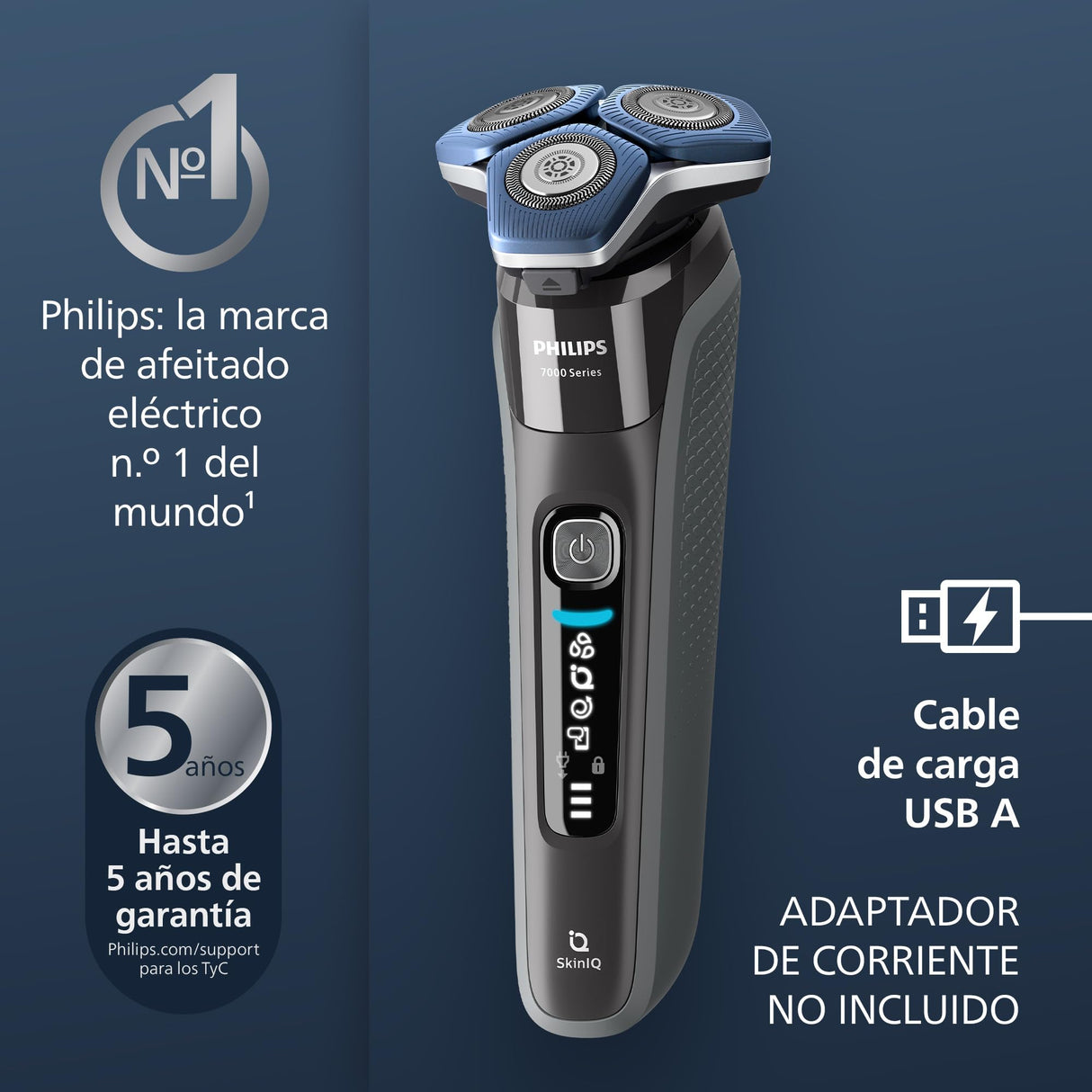 Philips Serie 7000 Afeitadora Eléctrica Hombre, Máquina de Afeitar Barba con Recortadora, 60min de uso, En Seco y Húmedo, Recargable, Centro de Limpieza, Base Carga, OneBlade, Funda, S7887/78, Gris