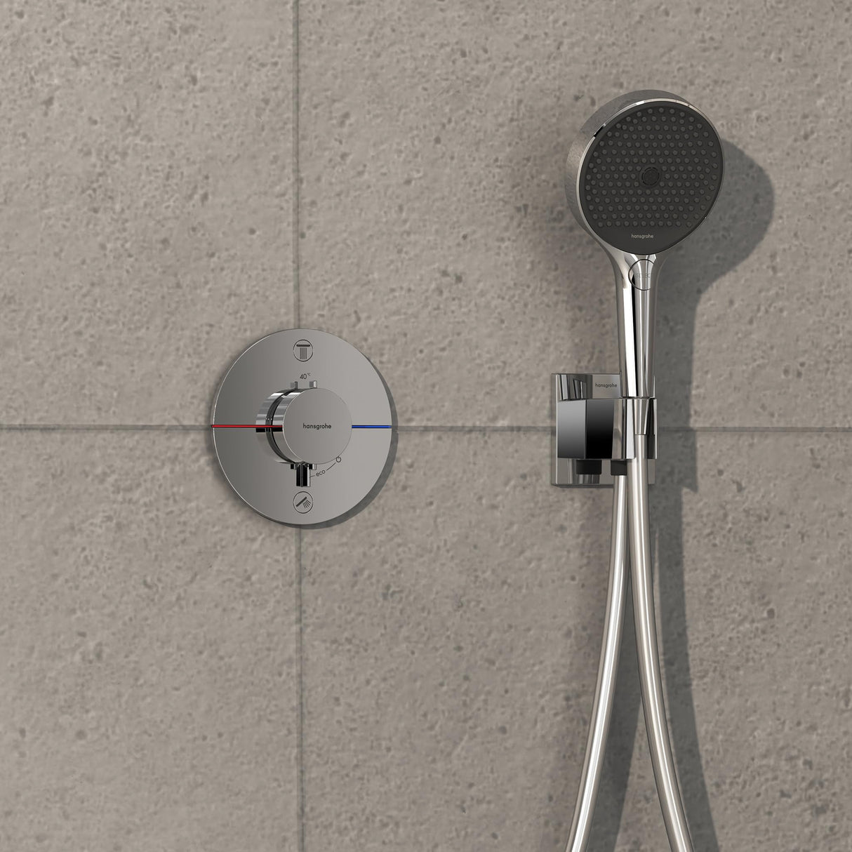 hansgrohe ShowerSelect Comfort S, termostato empotrado , grifo con botón de seguridad (SafetyStop) a 40 °C, termostato redondo para ducha y bañera, mezclador para 2 funciones, cromo