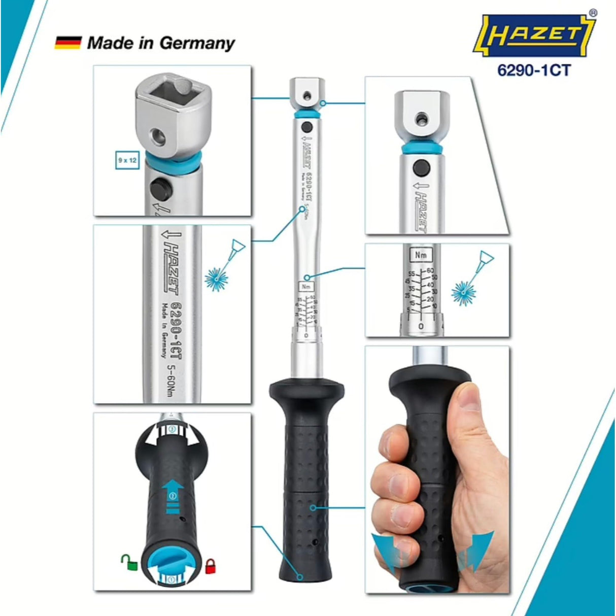 HAZET Llave dinamométrica 6290-1CT I 5-60 Nm I Precisión: ± 2 % I Salida: cuadrada