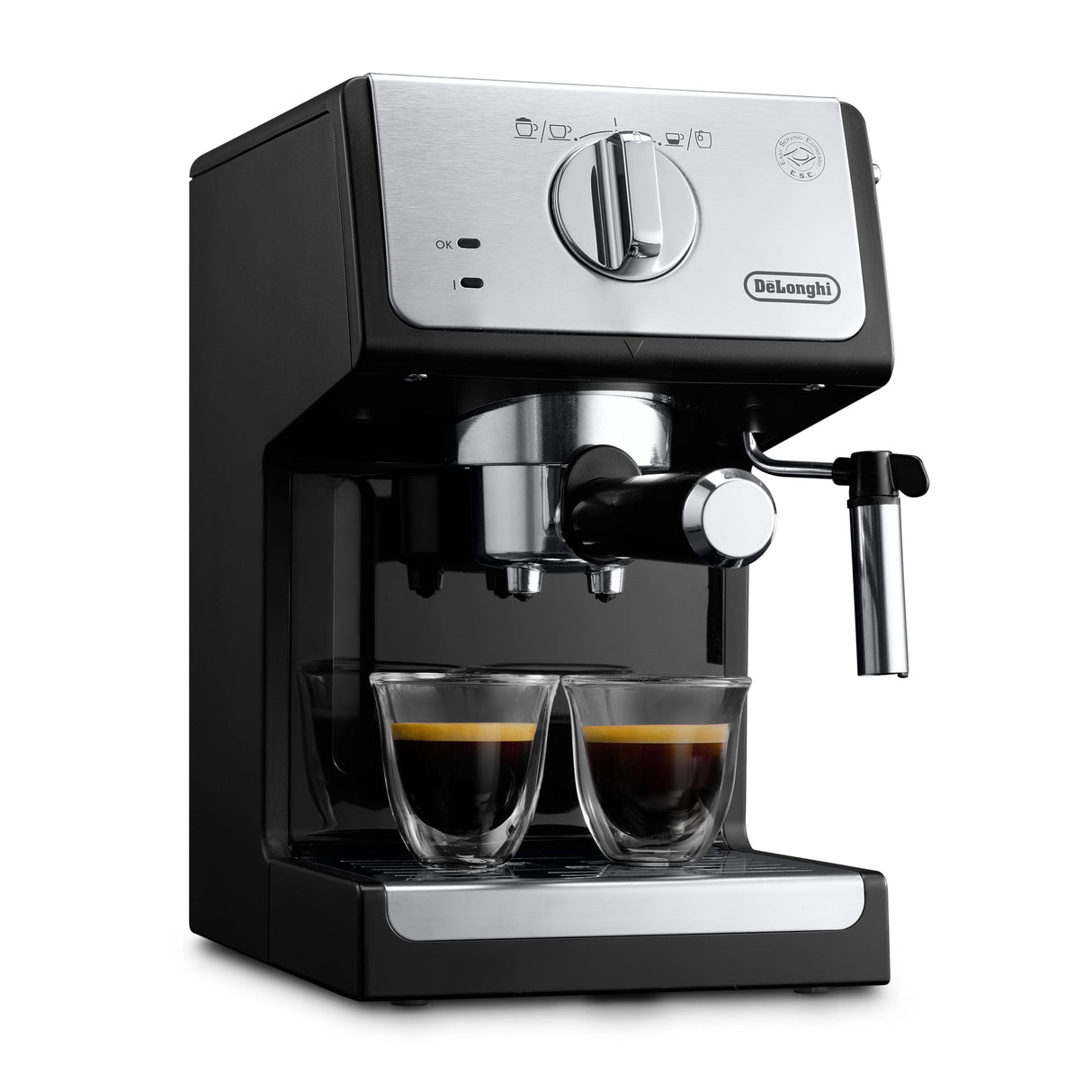 De'longhi - Cafetera de Bomba Tradicional para Espresso y Cappuccino, para Café Molido y Monodosis, 2 Tazas Simultáneamente, Depósito de Agua de 1.1l, 1100 W, ECP 33.21, Negro y Plata