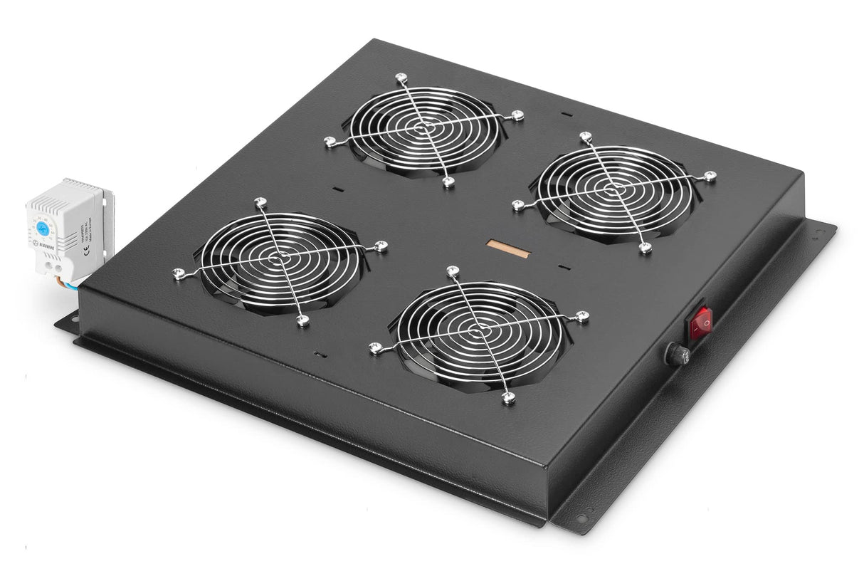 DIGITUS Unidad de ventilador de techo para armario de red (Dynamic Basic / Unique) y armario de servidores (Dynamic Basic), 4x ventilador, termostato, negro (RAL 9005)