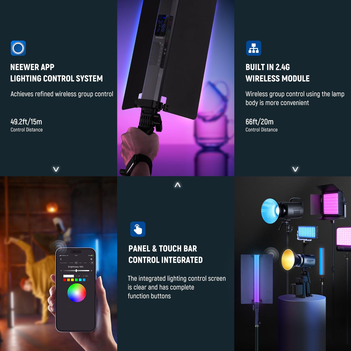 NEEWER RGB2 - Varita Luminosa LED RGB + Barndoor de Metal, Mango, Control de Barra táctil/App/2.4G, portátil magnética Recargable, Tubo para vídeo/Foto Regulable, 2500K-10000K CRI98+ 18 escenas