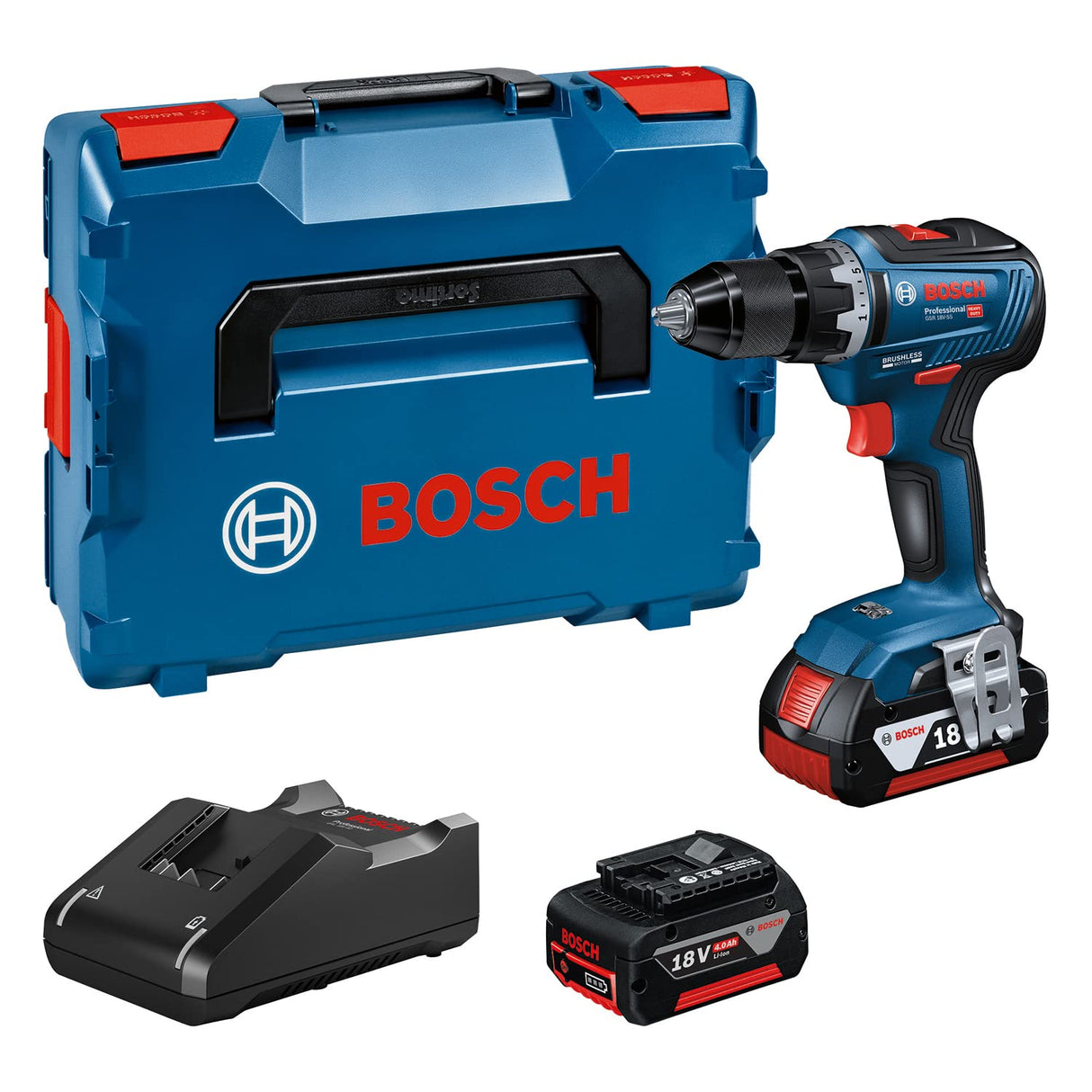 Bosch Professional GSR 18V-55 - Atornillador a batería (2 baterías x 4.0 Ah, 18V, 55 Nm, en L-BOXX)