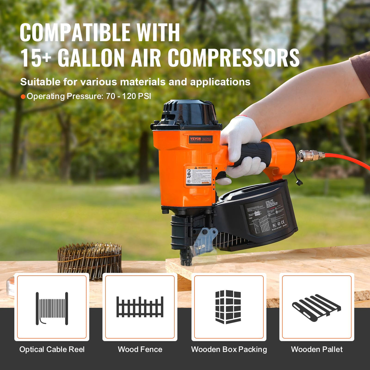 VEVOR Clavadora de Bobinas para Revestimiento MCN70, 45 a 70 mm de 15 Grados, Clavadora de Bobinas de Aire de 70-120 PSI para Palés, Cajas, Marcos, Revestimientos y Cercas, 340 x 320 x 130 mm