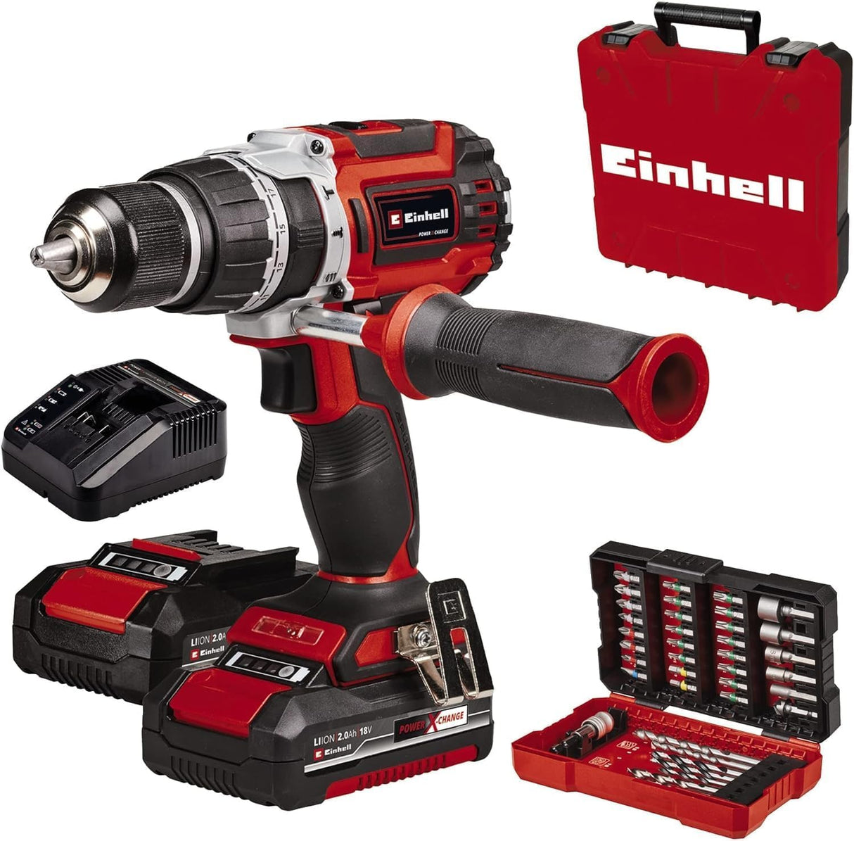 Einhell Professional Taladro percutor con batería TP-CD 18/60 Li-i BL +39 Power X-Change (18V, 60 Nm, set de puntas/brocas de 39 piezas, 2 baterías PXC de 2,0 Ah, E-Box Basic)