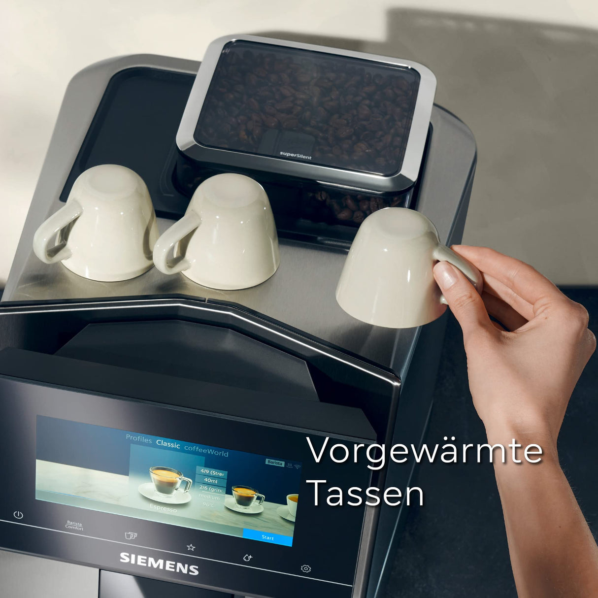 Siemens cafetera automática EQ900 TQ905D03, pantalla táctil, modo barista, reducción de ruido, 10 perfiles, trituradora premium, limpieza de vapor, 1500 W, acero inoxidable