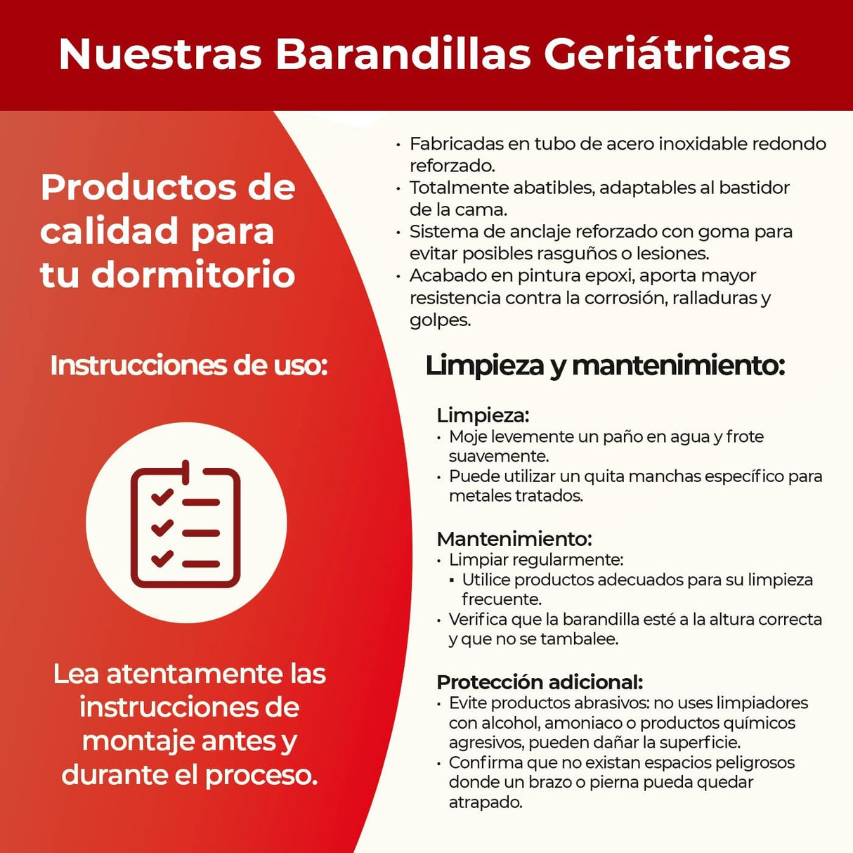 Somnia Descanso - Juego de Barandillas Metálicas Geriátricas Abatibles INOX Reforzadas para Cama Articulada con 4 Barras