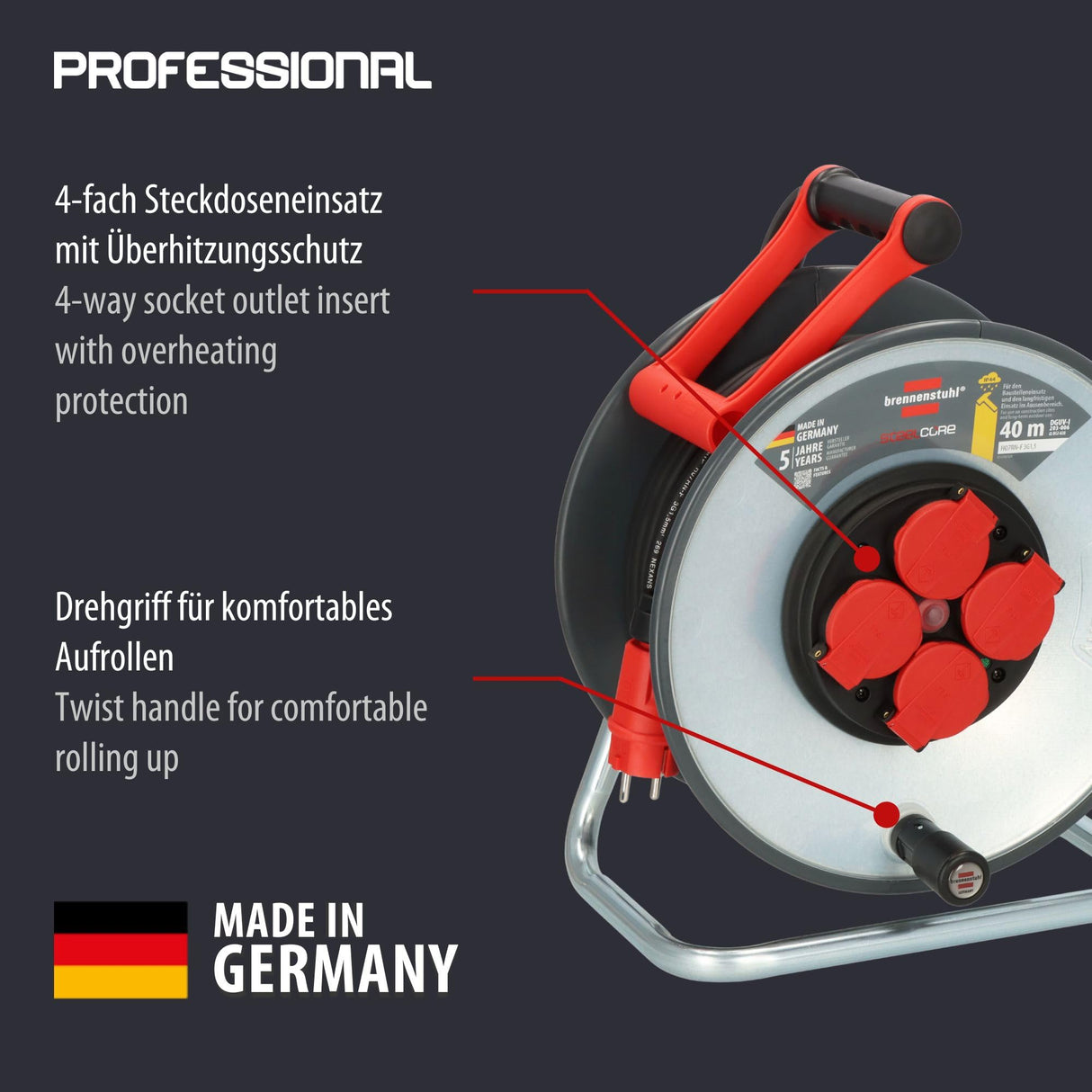 Brennenstuhl Professional SteelCore Carrete SC 4100 IP44 (40 m, cuerpo de tambor de chapa, uso en obra y uso en exteriores permanente, fabricado en Alemania)