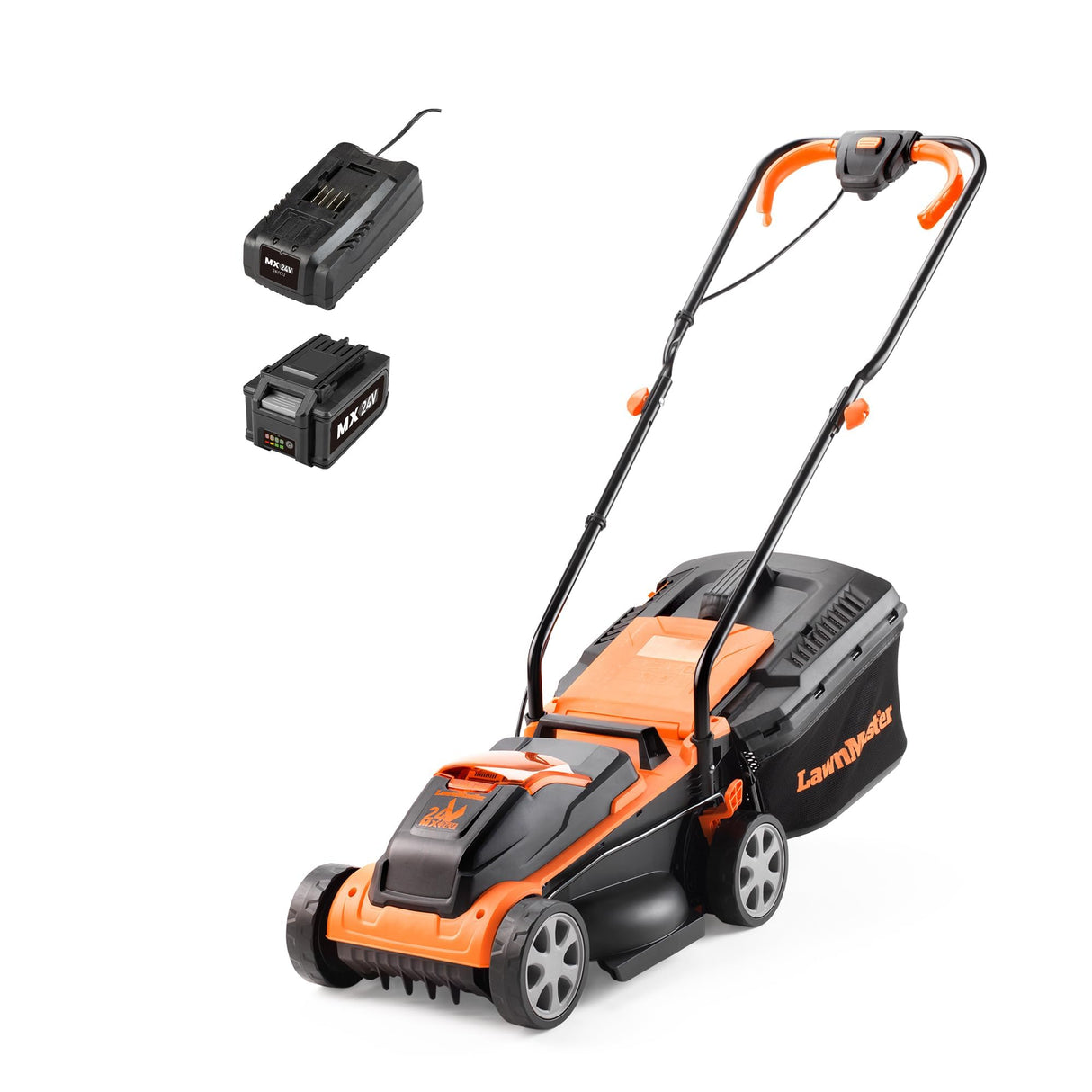 LawnMaster CLM2432K Cortacésped de cortacésped 24V 32 cm de Ancho de Corte, 150 m², Altura de Corte 25-65mm, Incluye batería de 4,0 Ah + Cargador