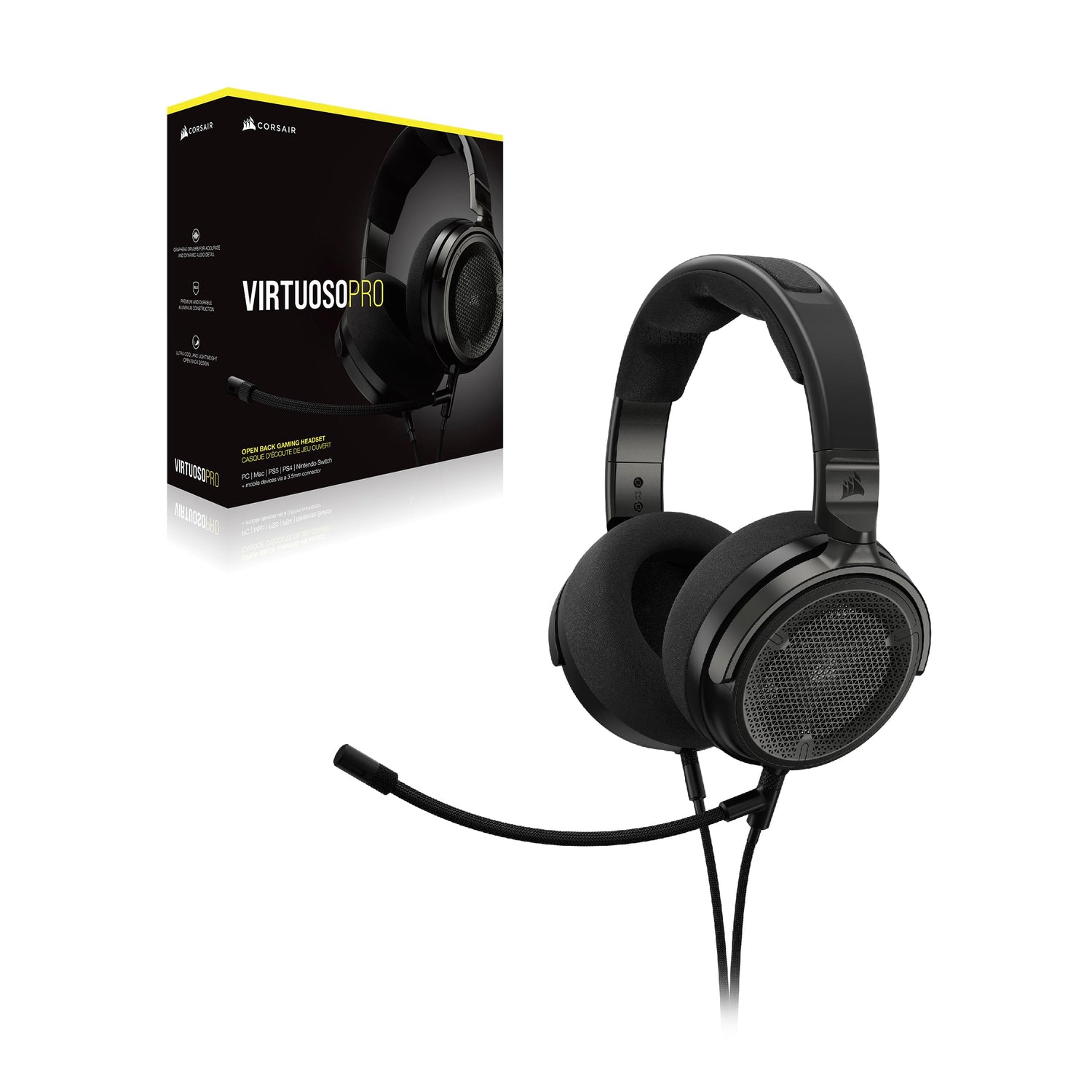 Corsair Virtuoso Pro Auriculares para Juegos con Cable y Parte Trasera Abierta, micrófono unidireccional Desmontable, Controladores de grafeno 50 mm, Respuesta de frecuencia de 20 Hz-40 kHz, Carbono