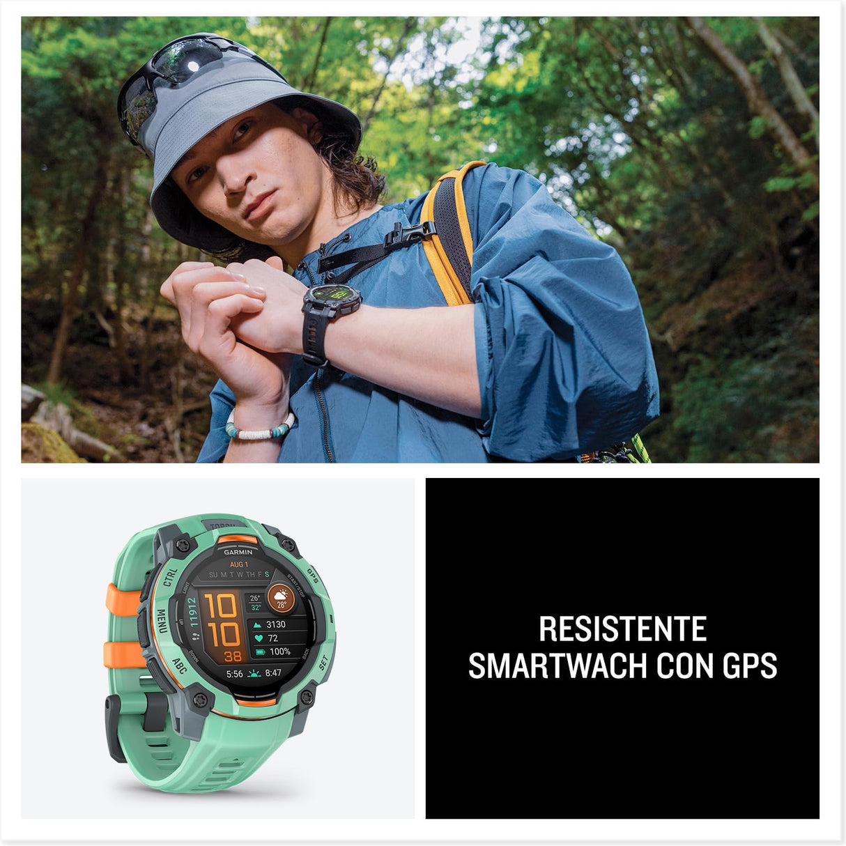 Garmin Instinct 3, Reloj inteligente con GPS, Pantalla AMOLED de 45 mm, Resistente al agua, Aplicaciones deportivas integradas, Monitorización de la salud, Linterna LED, Hasta 18 días autonomía, Verde