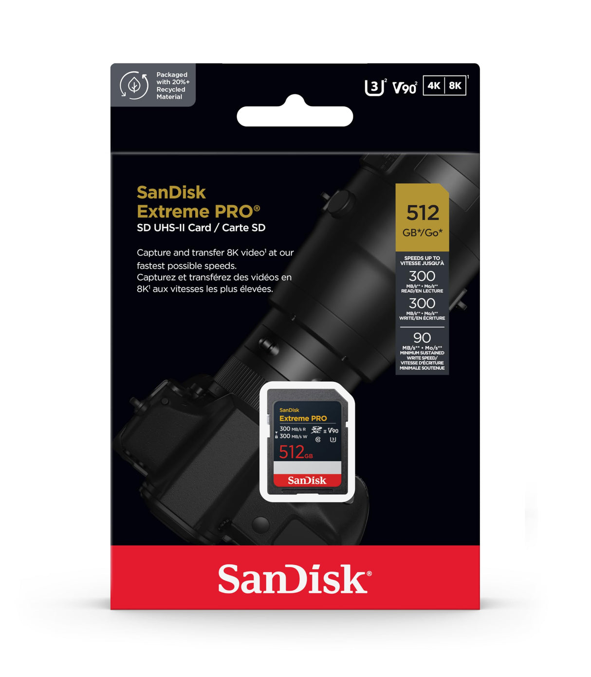 SanDisk Extreme Pro 512 GB SDXC Tarjeta, UHS-II, Velocidad de Lectura con hasta 300 MB/s, Velocidad de Escritura 300 MB/s, V90, Grabación de vídeo en 8K cinematográfica