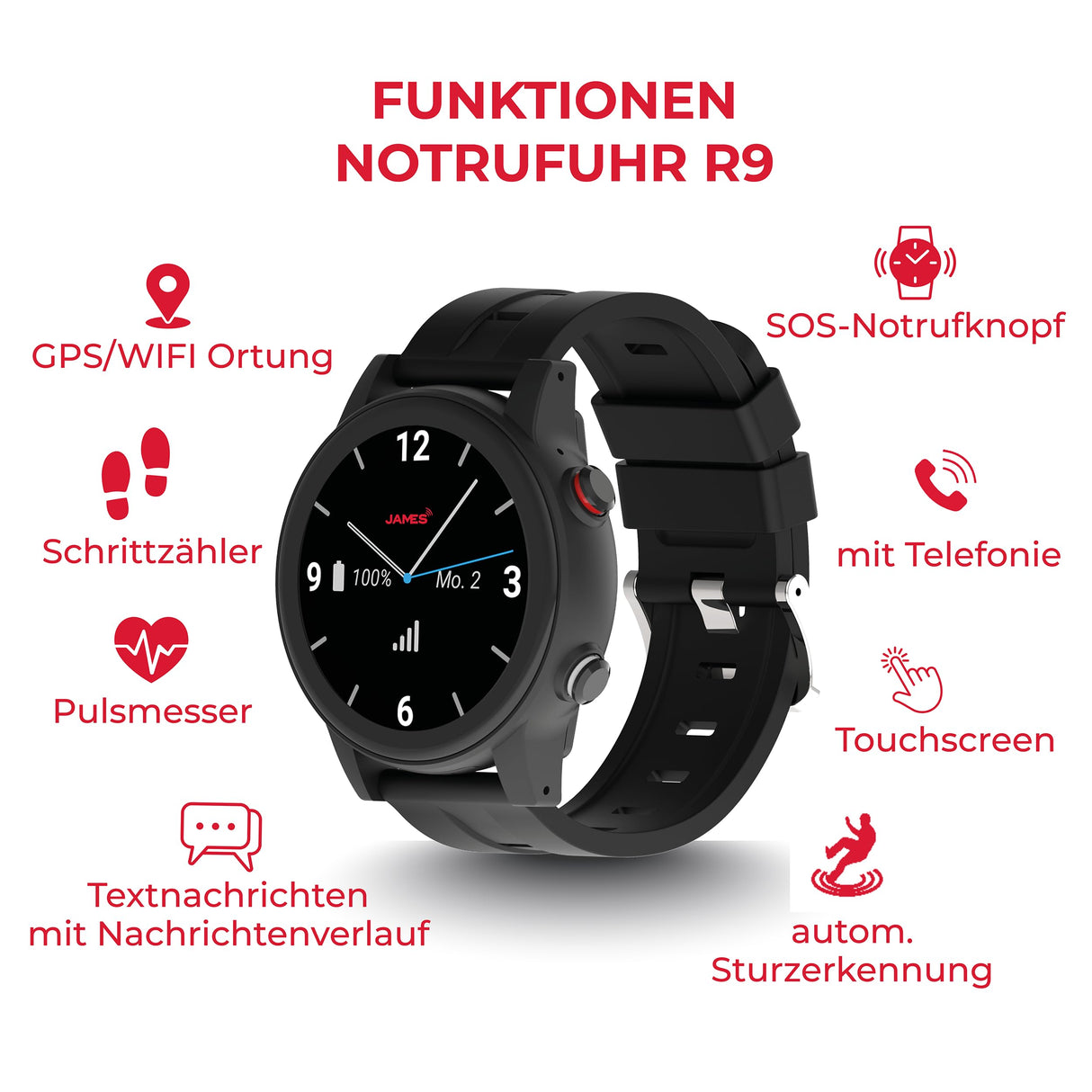 James R9 - Reloj de Emergencia y Seguridad para Personas Mayores, detección de caídas, botón de Llamada de Emergencia y Seguimiento GPS, podómetro, Monitor de frecuencia cardíaca, aplicación Familiar
