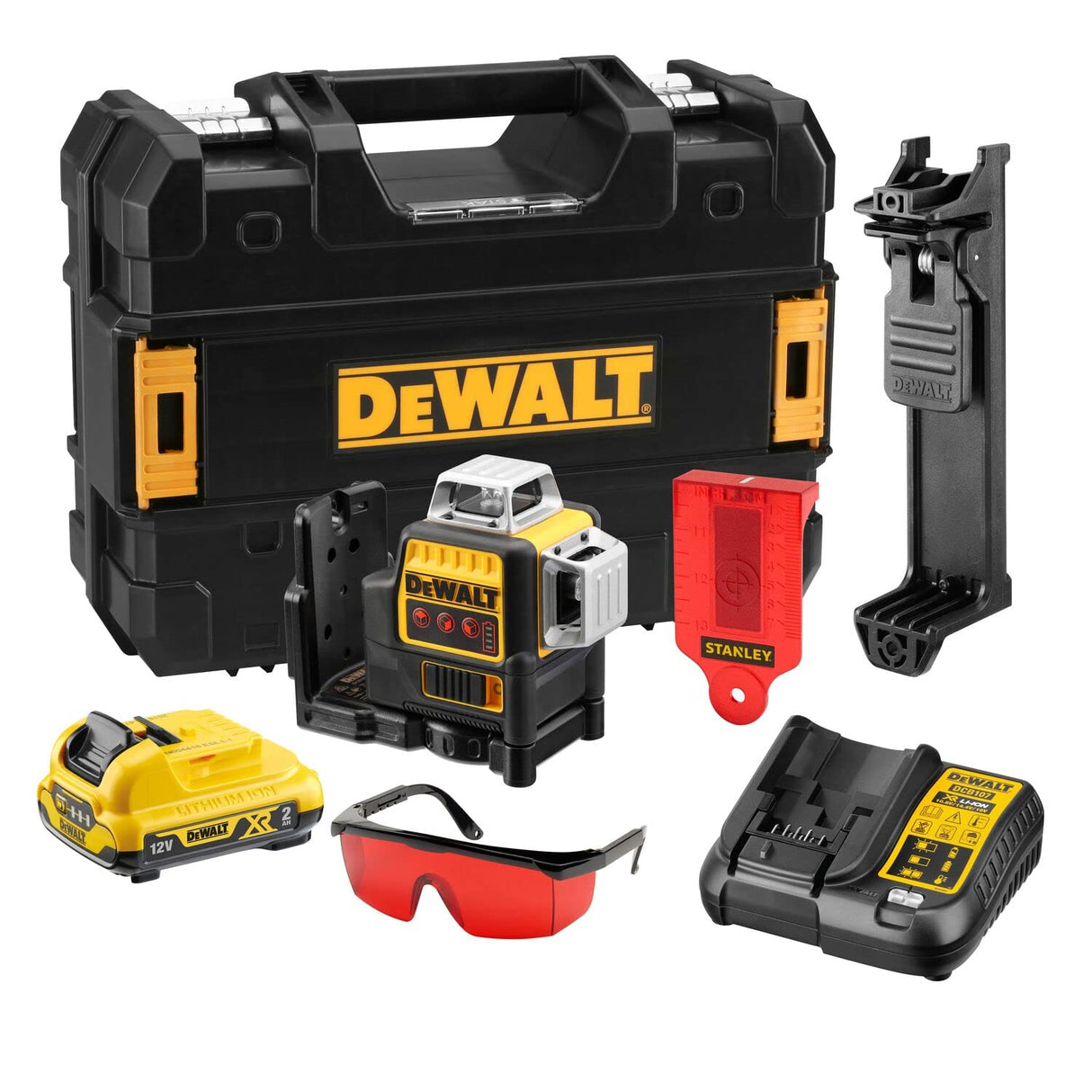 DEWALT DCE089D1R-QW - Láser Autonivelante 3 Líneas 360º con Batería DW 12V, Alcance 30m (50m con receptor), Precisión +/-3mm@10m, IP65 Resistente, Incluye Maletín y Accesorios