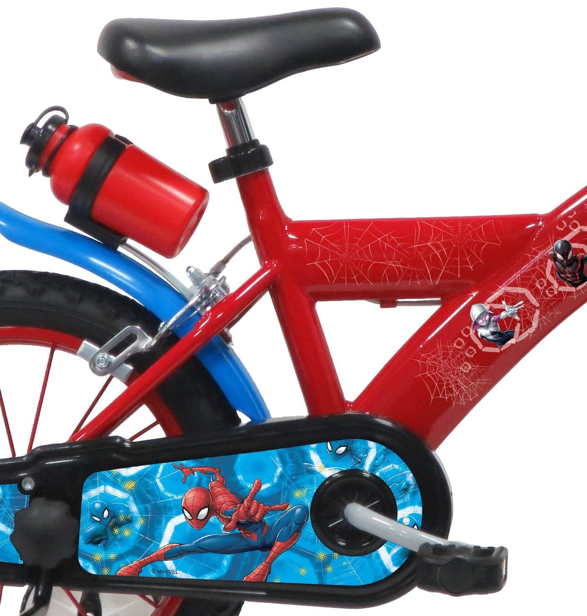 A.T.L.A.S. Bicicleta Infantil de 14 Pulgadas, Spiderman/Marvel Equipada con 2 Frenos, Placa Frontal Decorativa, Botella Trasera y Casco Spiderman Incluido!, Color Rojo idéntico a Las Fotos