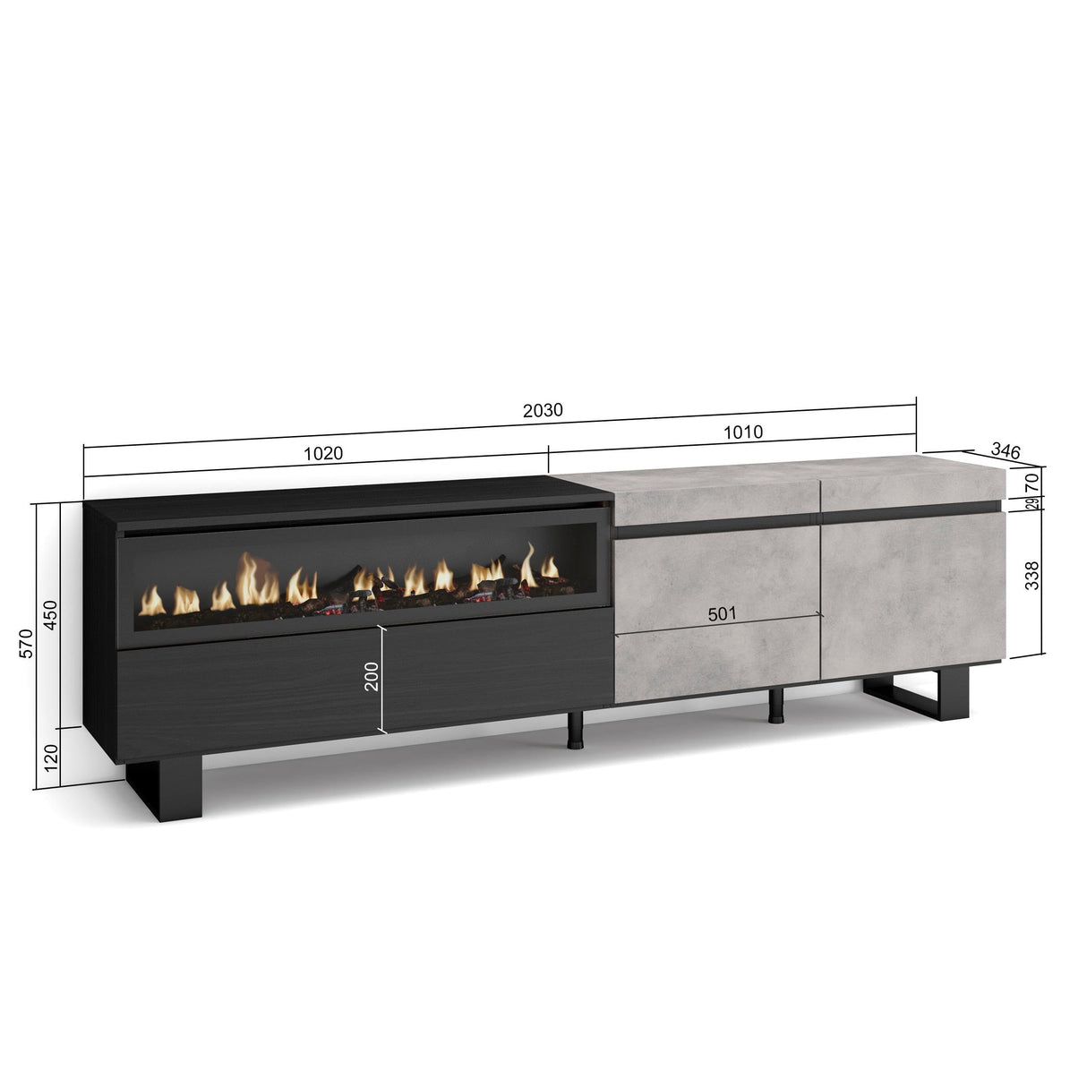 Skraut Home | Mueble TV | Televisión | Muebles de salón, almacenaje | 200x57x35cm | para TV hasta 80" | Chimenea eléctrica | Diseño Industrial | Estilo Moderno | Cemento