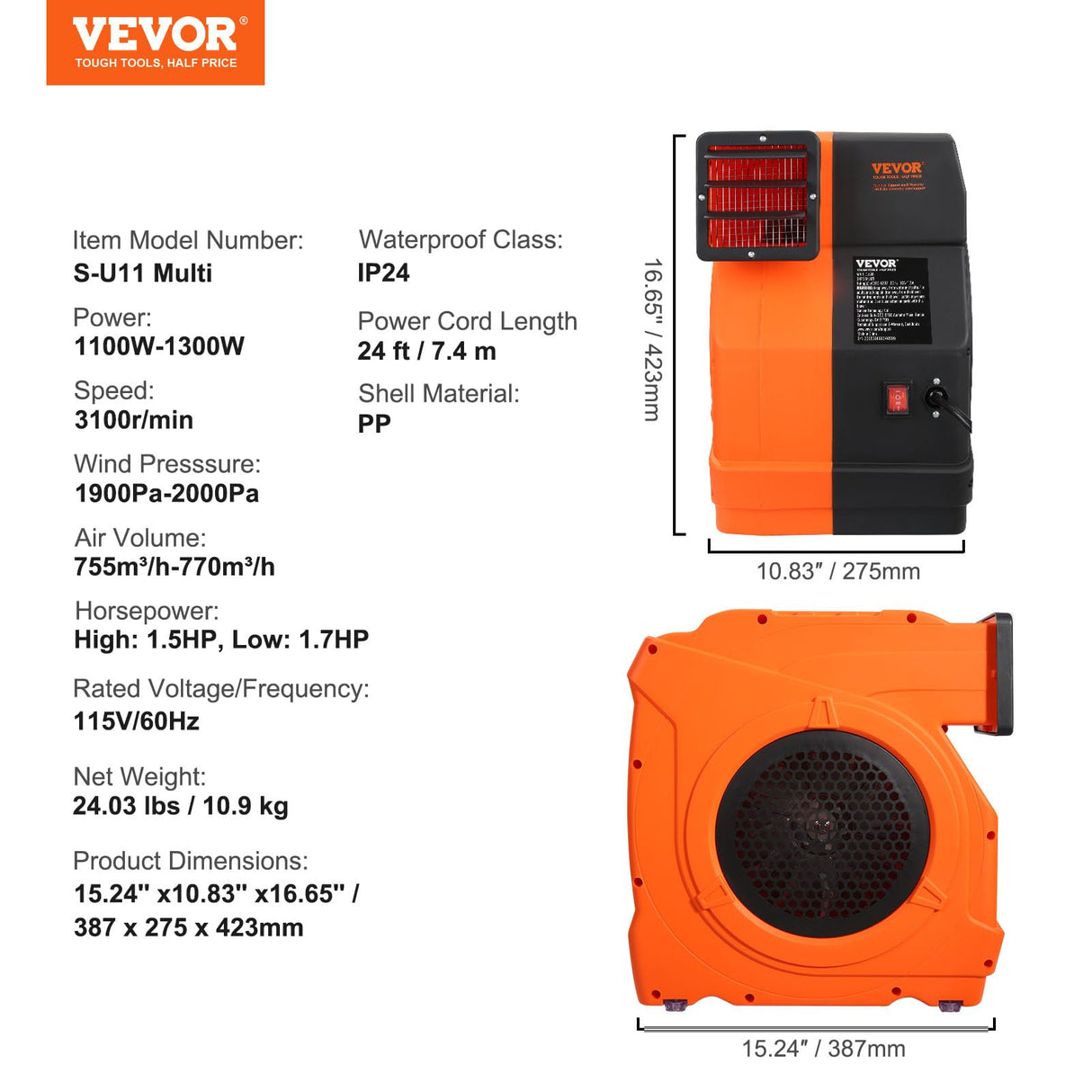 VEVOR Soplador Inflable 1100 W, 1,5 y 1,7 HP, Soplador de Aire Comercial para Inflables, Ventilador Eléctrico de Castillo Hinchable de 3100 RPM Casa de Rebote, Toboganes Acuáticos 387 x 275 x 423 mm