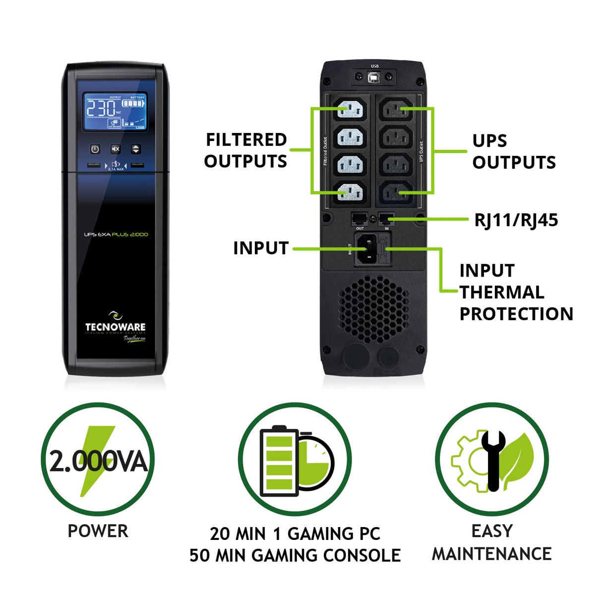 Tecnoware UPS EXA PLUS 2000, Sistema de Alimentación Ininterrumpida 2000VA, Protección contra apagón para Professional PC y Consola Gaming, AVR, USB, Autonomía 20min PC Gaming-50min Consola Gaming