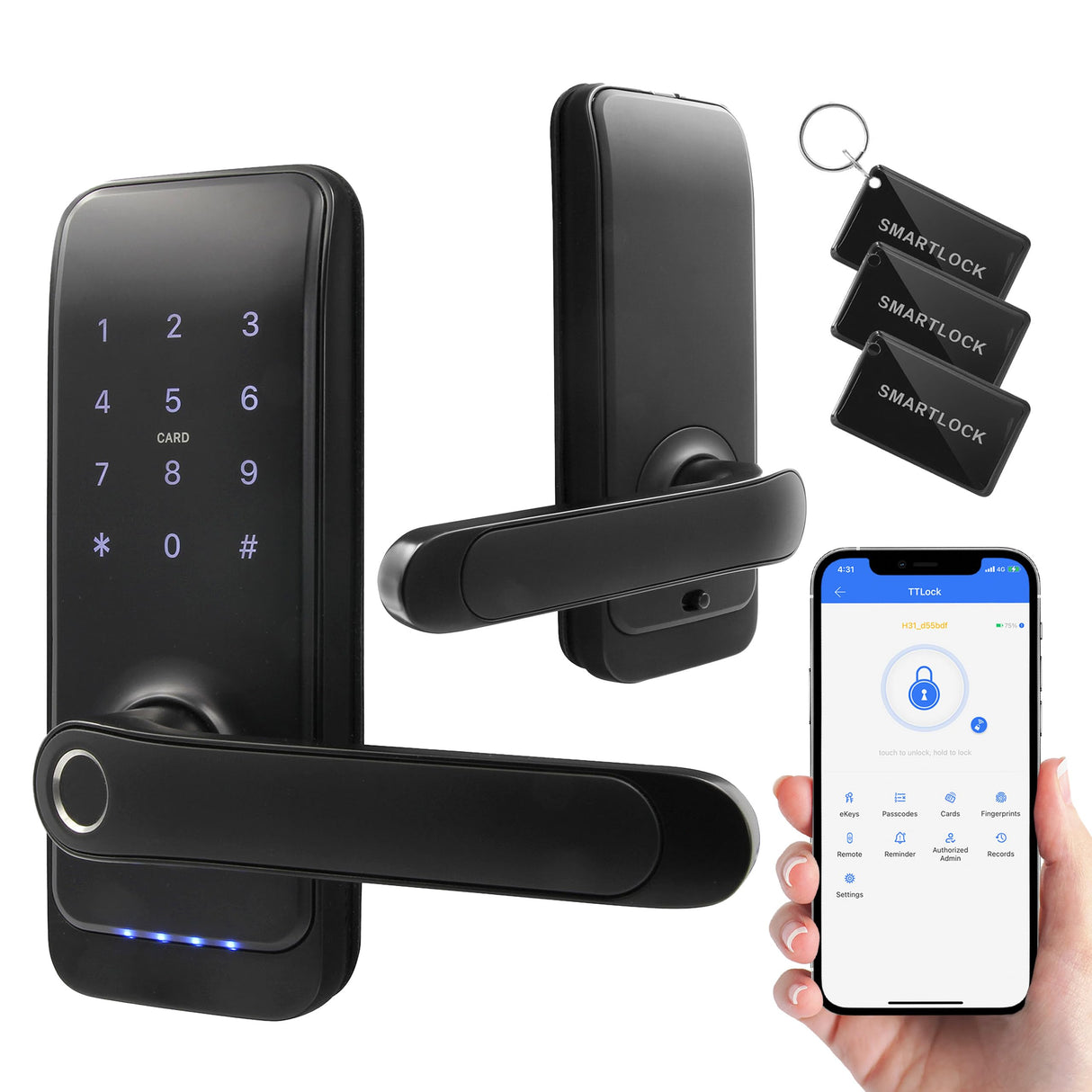 EURA ELH-01H4 Cerradura de puerta inteligente con manija Cerradura de código 13.56MHz Lector de proximidad lector biométrico IP65 Espaciado de cerrojo universal Negro